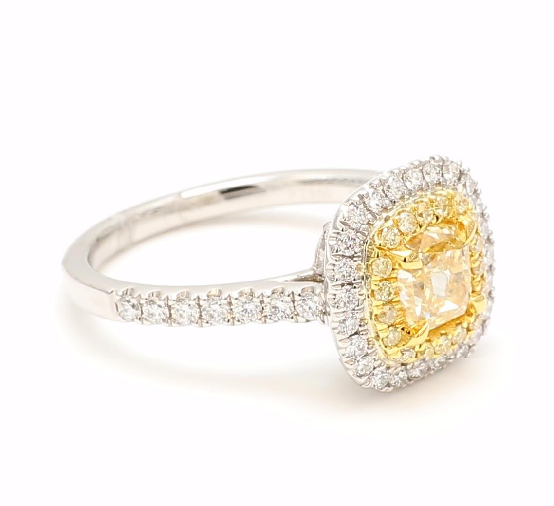 GIA Certified Natural Yellow 1.12 Carat Cushion Center Yellow/White Diamond Ring In New Condition In New York, NY