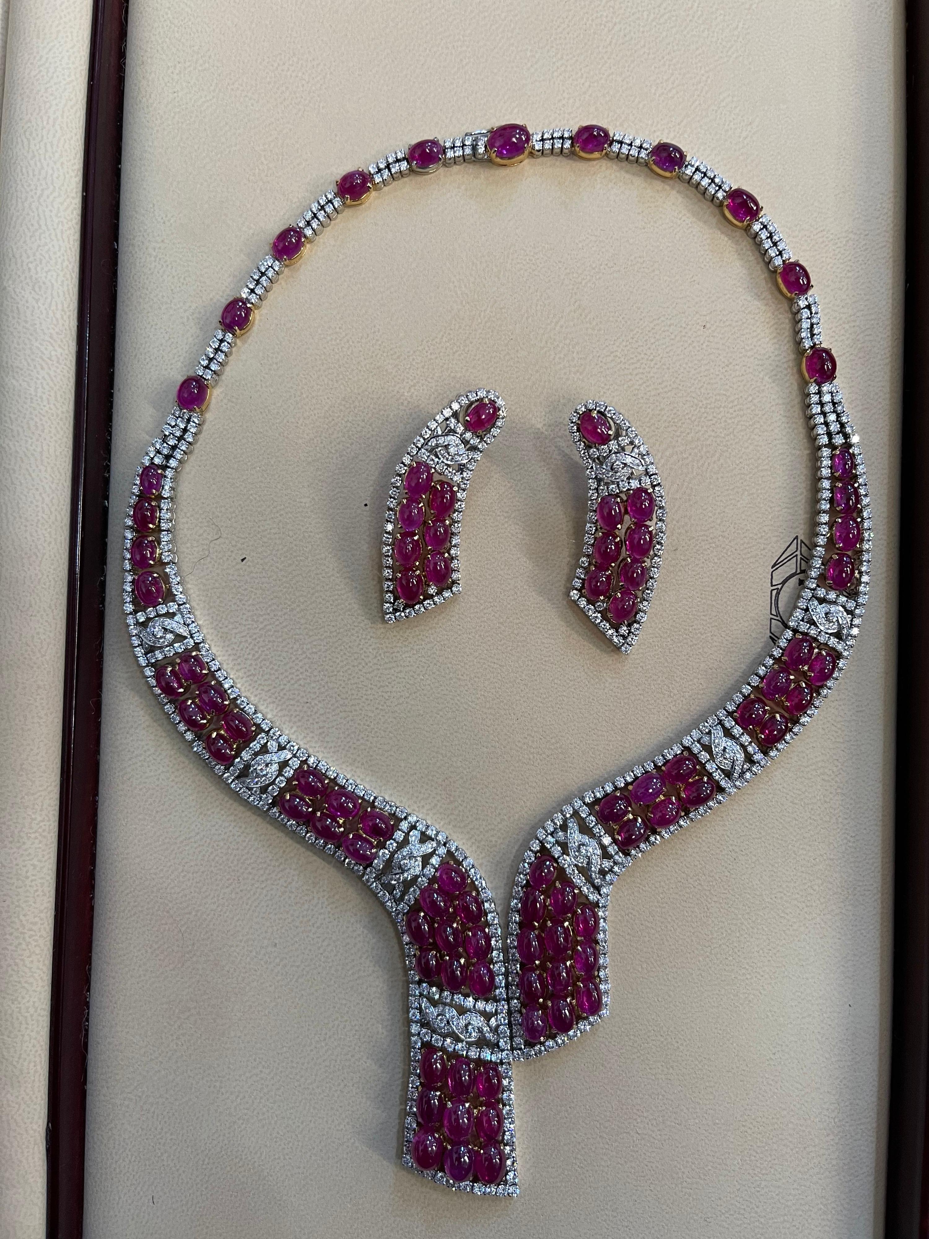 GIA Certified 112 Ct Burma Ruby Cabochon & 25 Carat Diamond Necklace Suite 18 Kt 4