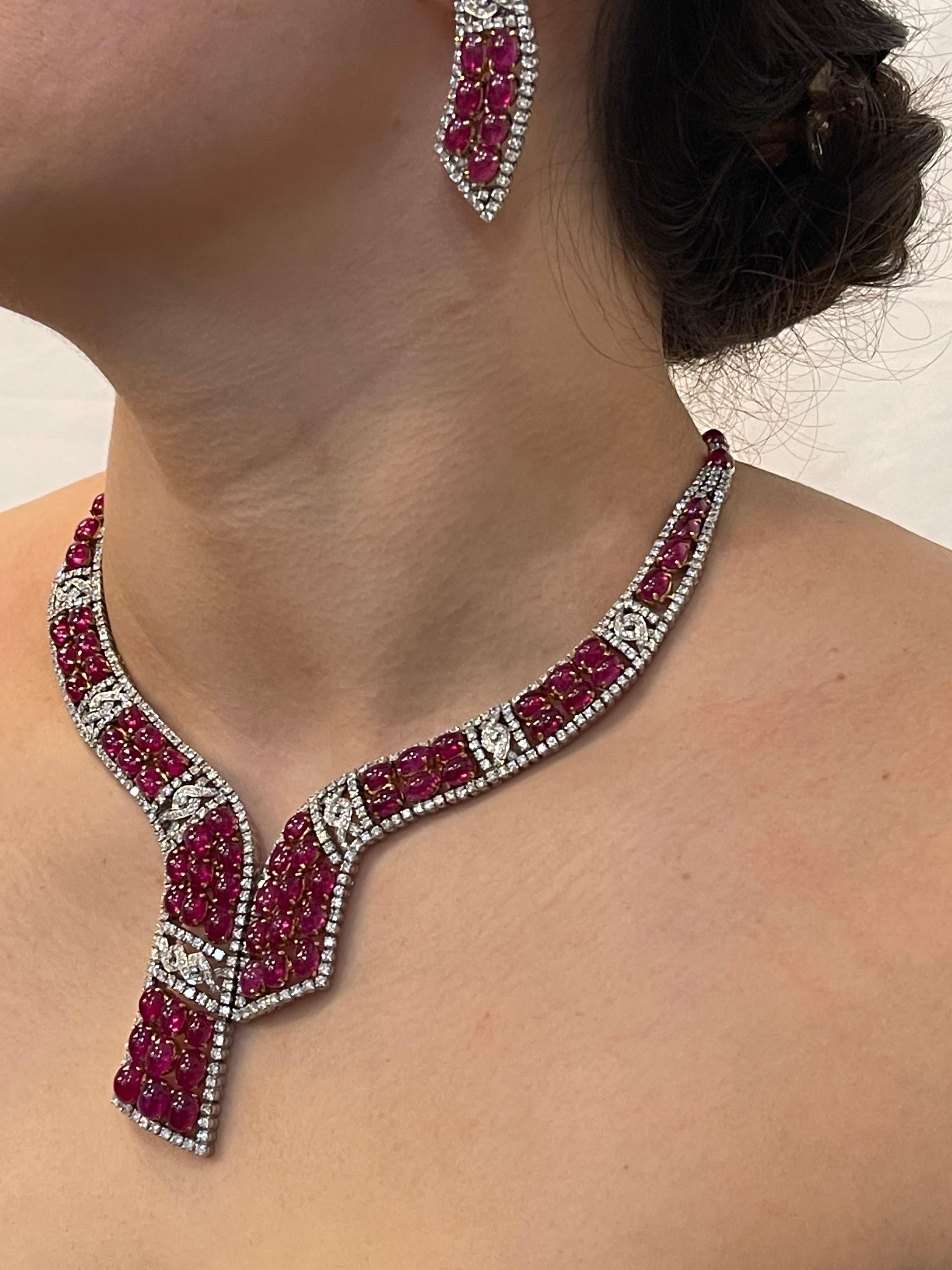 GIA Certified 112 Ct Burma Ruby Cabochon & 25 Carat Diamond Necklace Suite 18 Kt 8