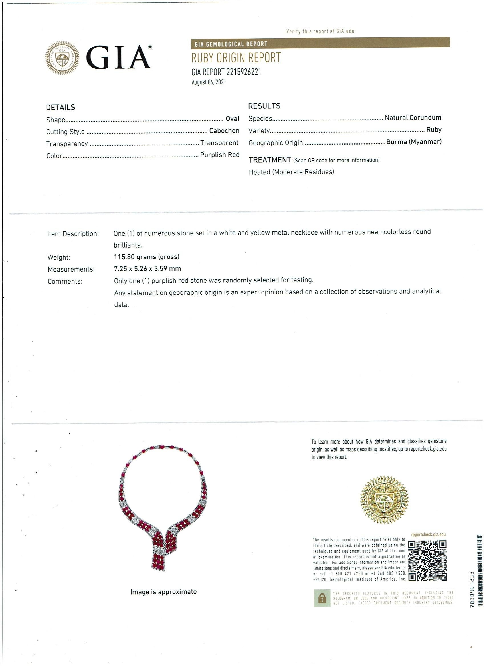 GIA Certified 112 Ct Burma Ruby Cabochon & 25 Carat Diamond Necklace Suite 18 Kt 13