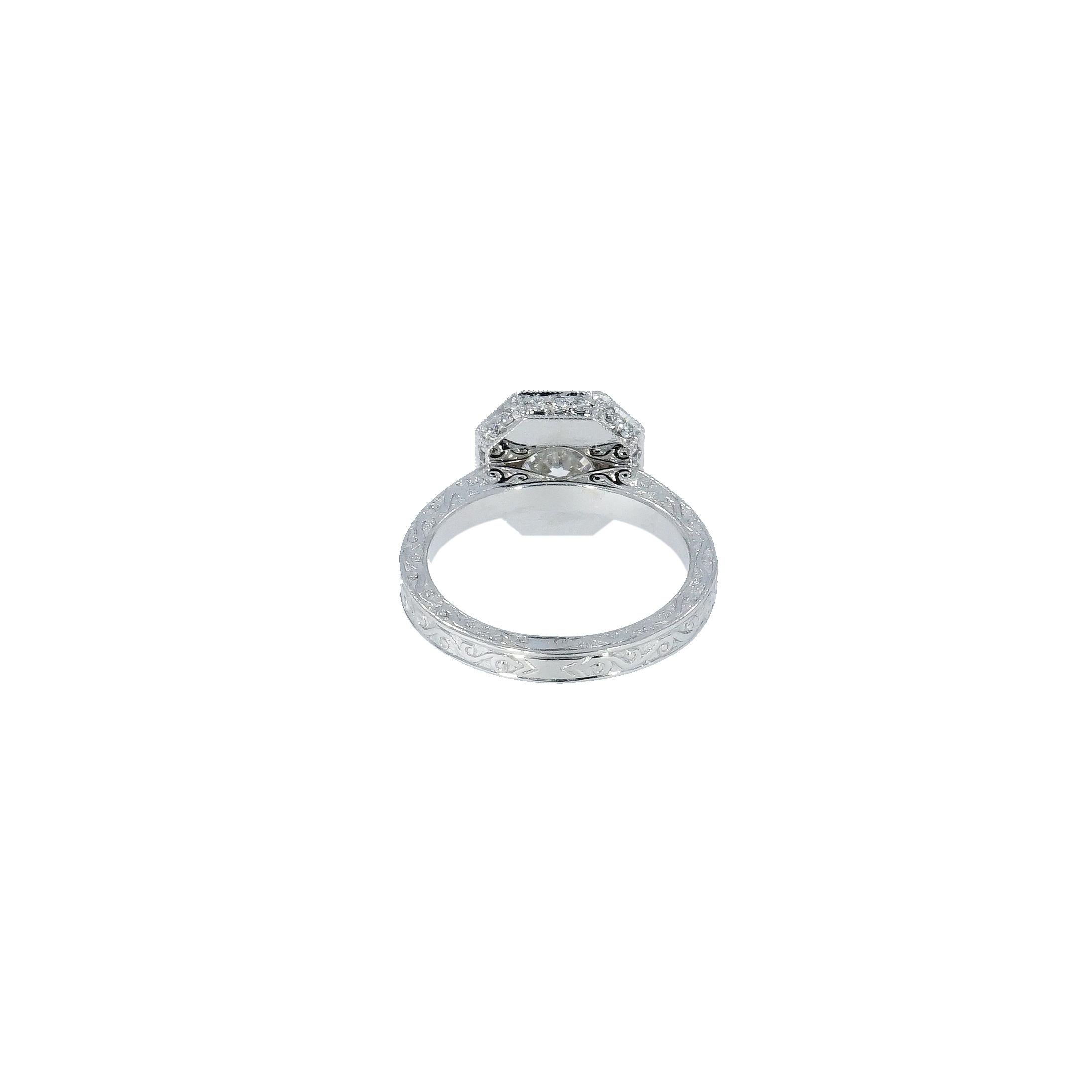 Art Deco GIA Certified 1.12 Carat Round Diamond Halo Platinum Engagement Ring