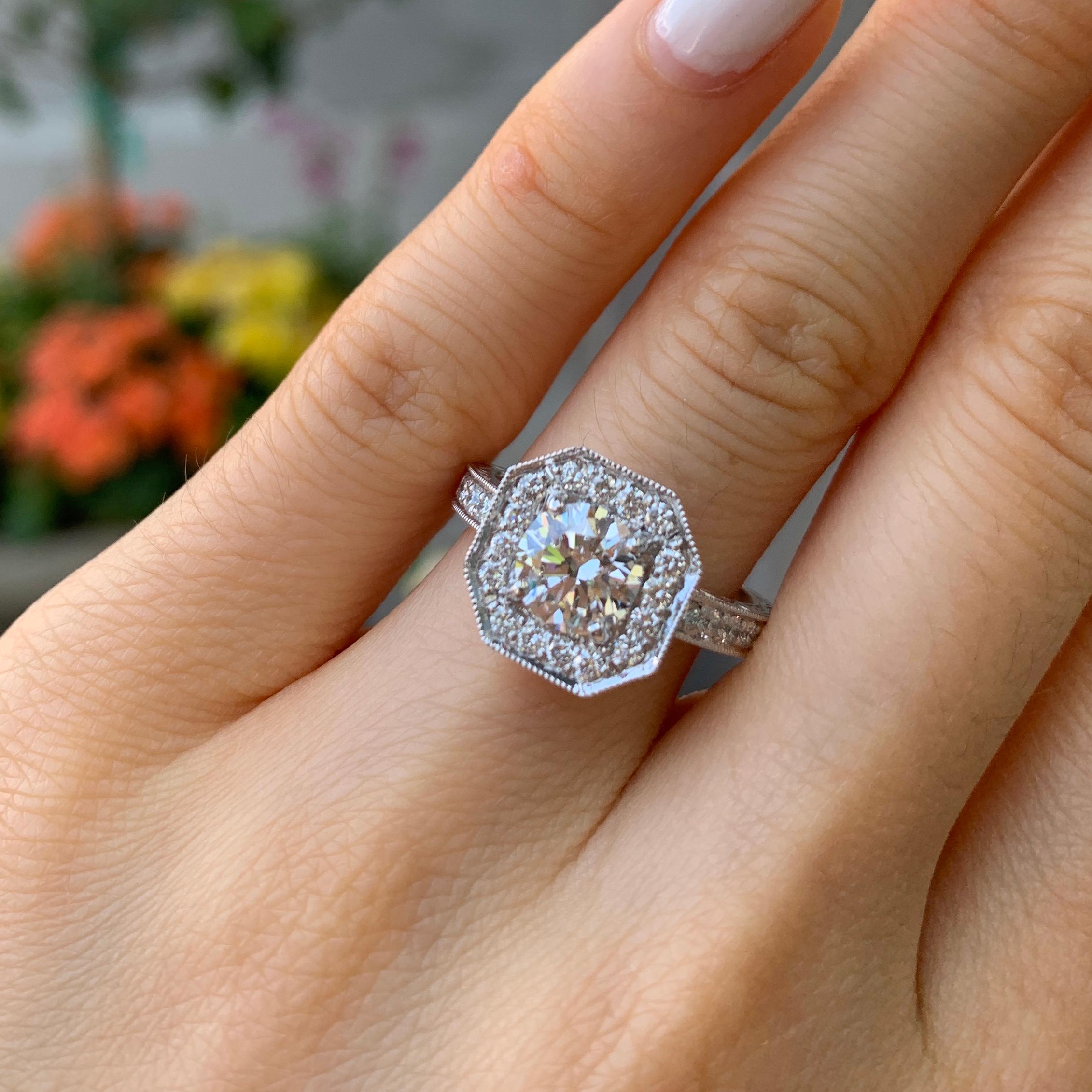 Women's GIA Certified 1.12 Carat Round Diamond Halo Platinum Engagement Ring
