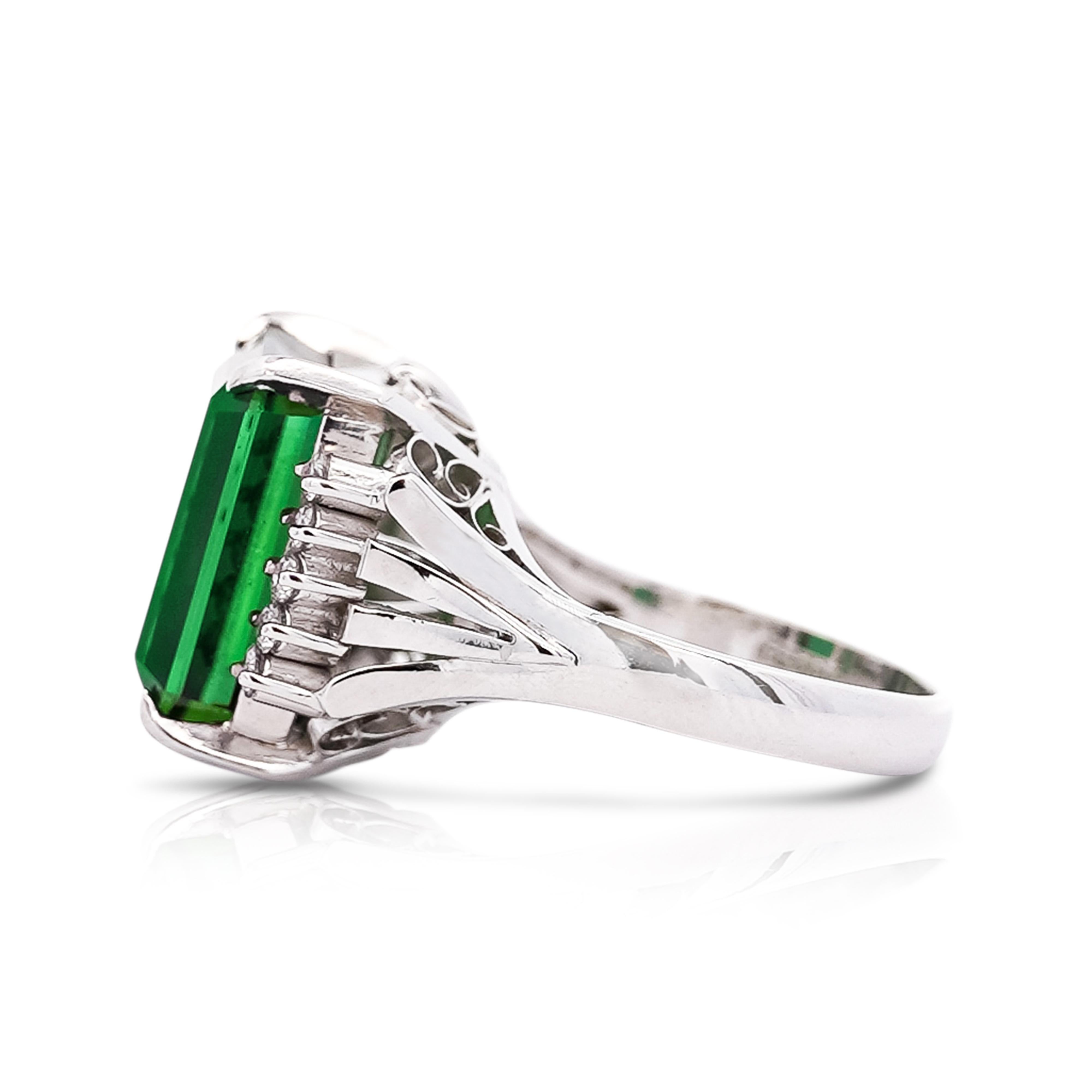 Emerald Cut GIA Certified 11.22 Carat Green Tourmaline and Diamond Platinum Filigree Ring For Sale