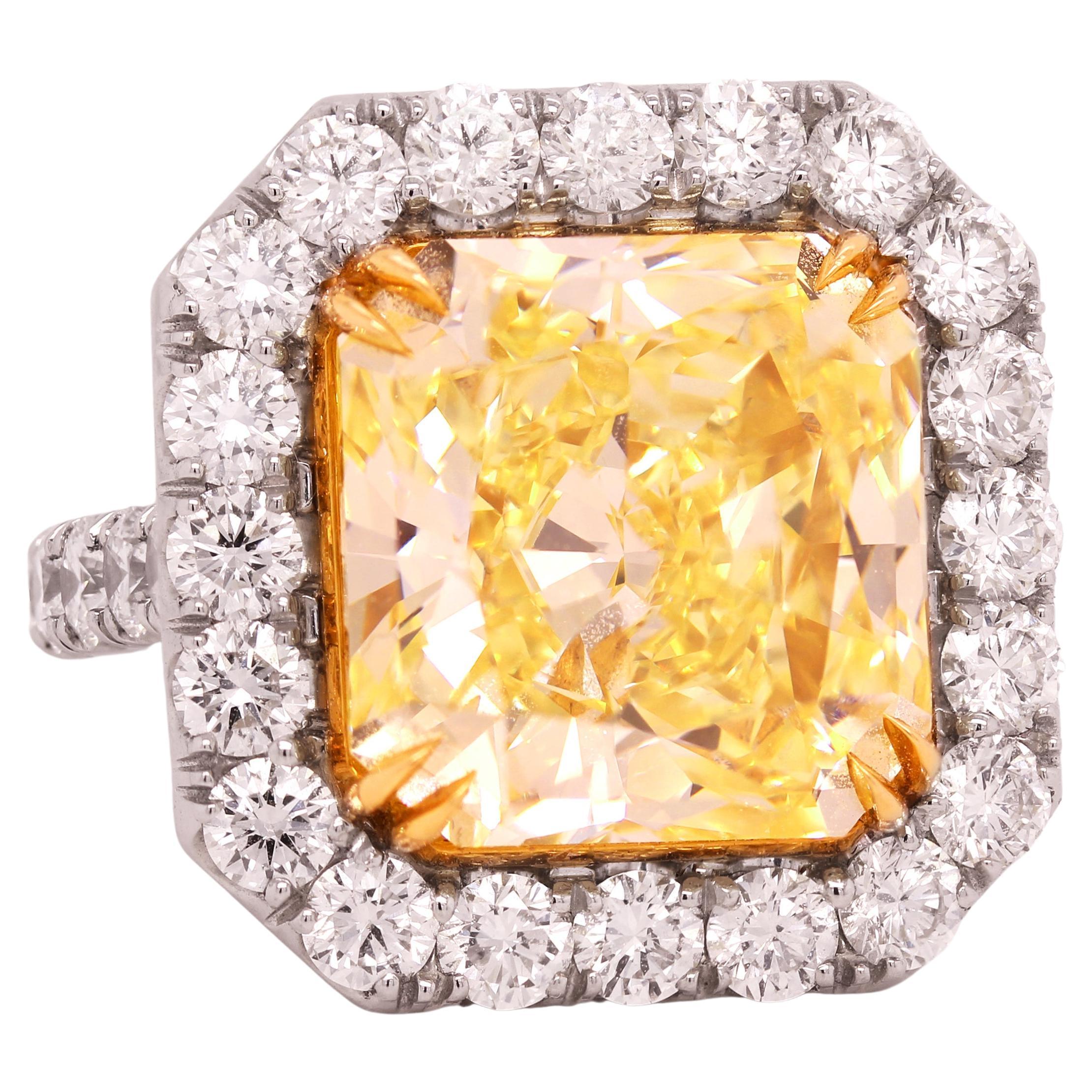 GIA Certified 11.22 Carat Radiant Fancy Intense Yellow Diamond Ring For Sale