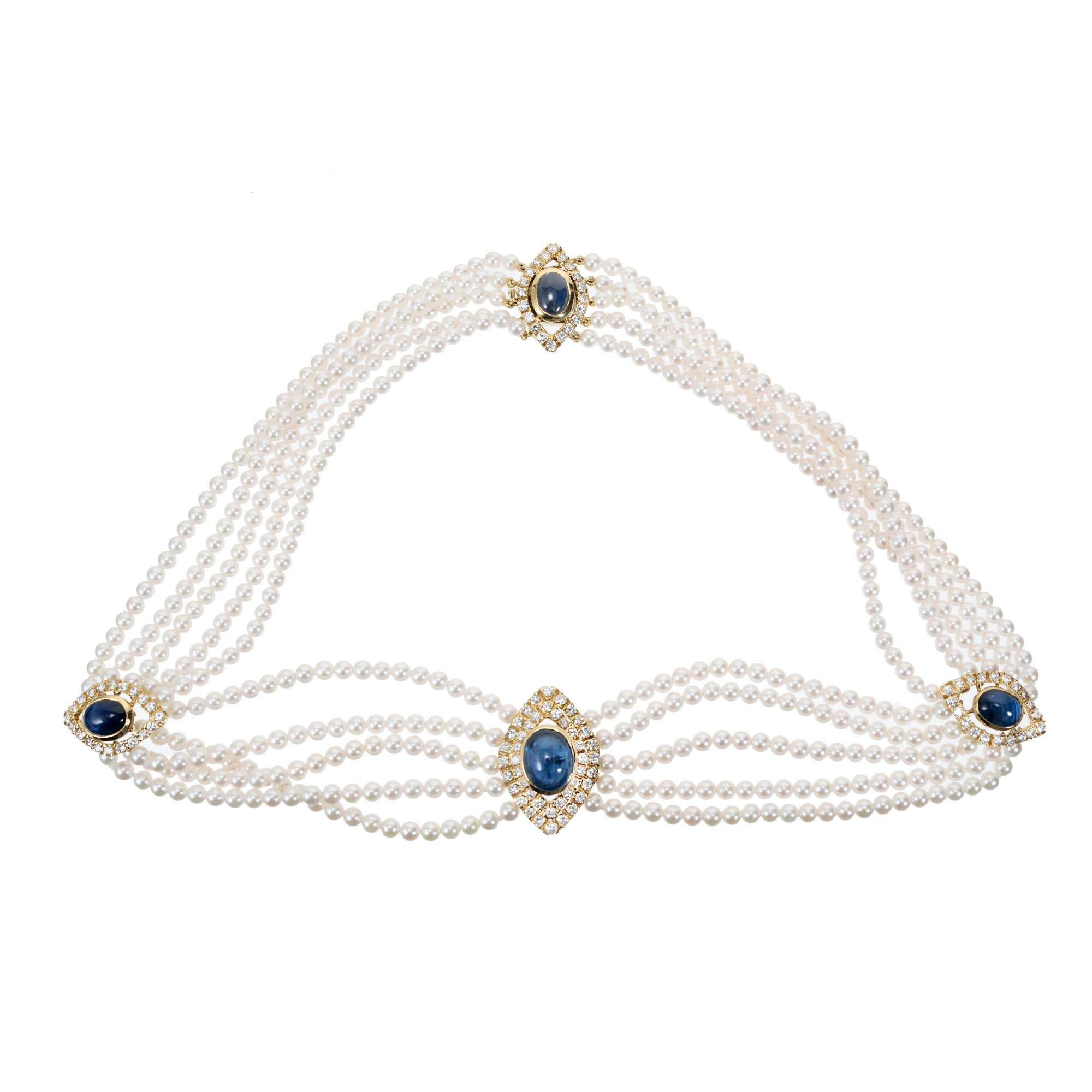 GIA Certified 11.25 Carat Sapphire Diamond Pearl Five Strand Necklace 1