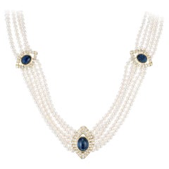 GIA Certified 11.25 Carat Sapphire Diamond Pearl Five Strand Necklace