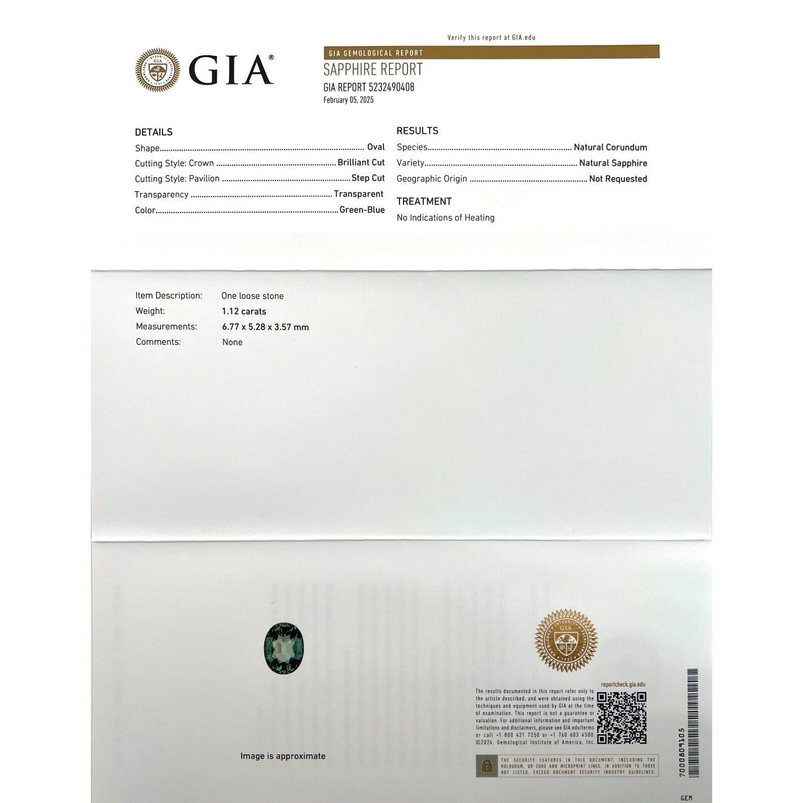 Zafiro Natural Azul Verde Certificado GIA 1,12ct 6,7x5,2mm Talla Ovalada Sin Tratar VS Corte oval en venta