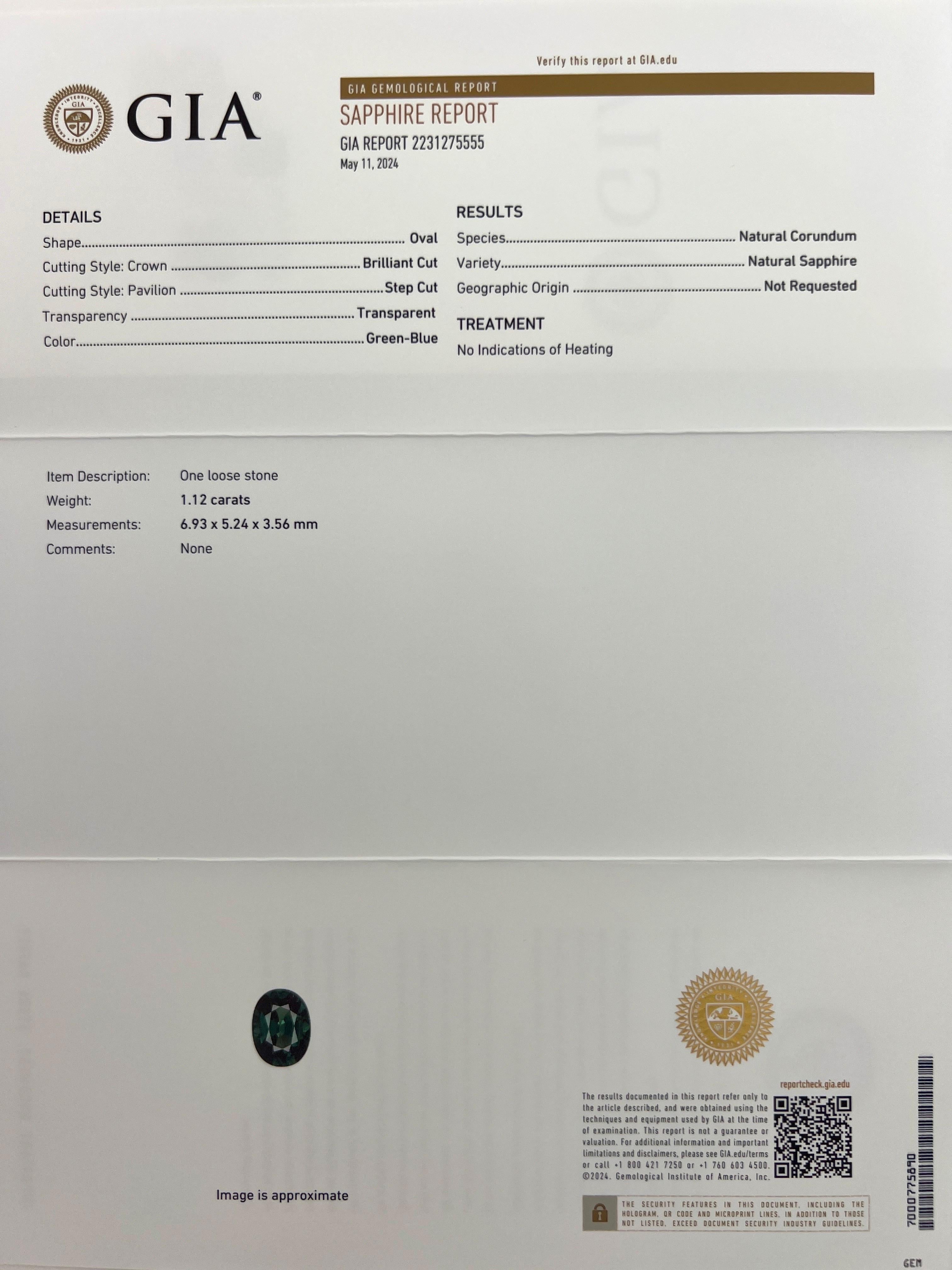 Taille ovale GIA Certified 1.12ct Untreated Green Blue Sapphire Oval 18k White Gold Pendant en vente