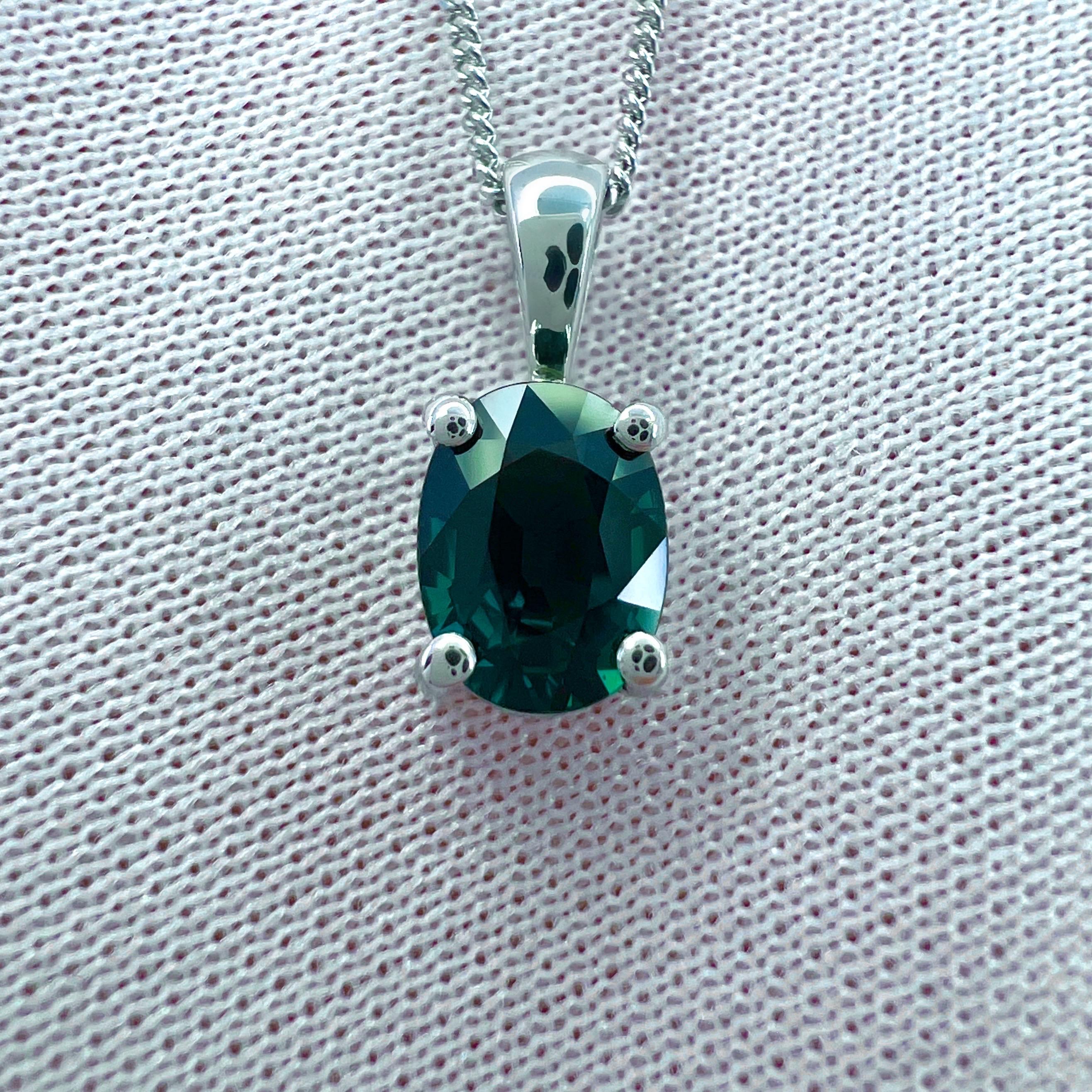 GIA Certified 1.12ct Untreated Green Blue Sapphire Oval 18k White Gold Pendant en vente 1