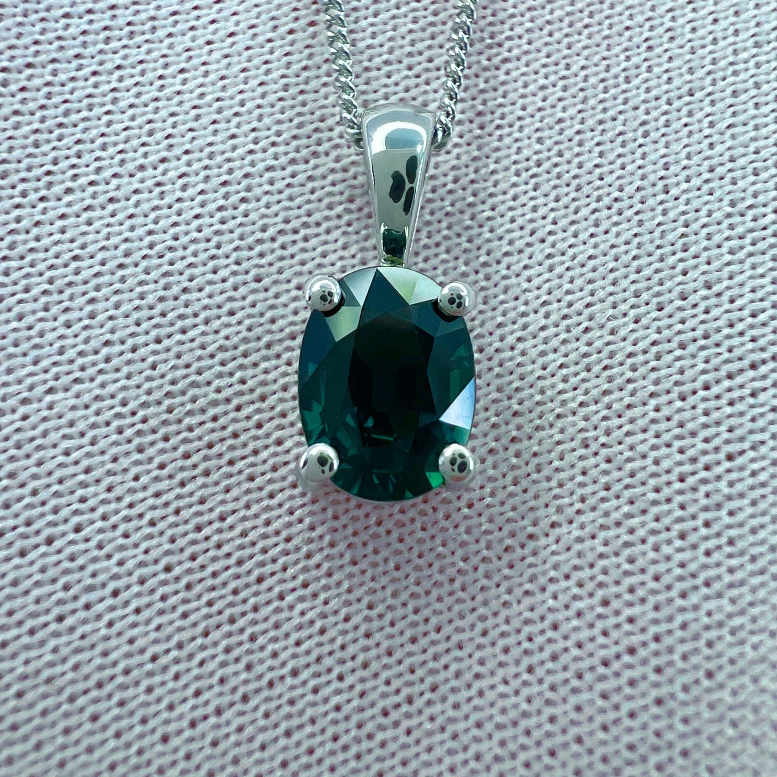 GIA Certified 1.12ct Untreated Green Blue Sapphire Oval 18k White Gold Pendant en vente 2