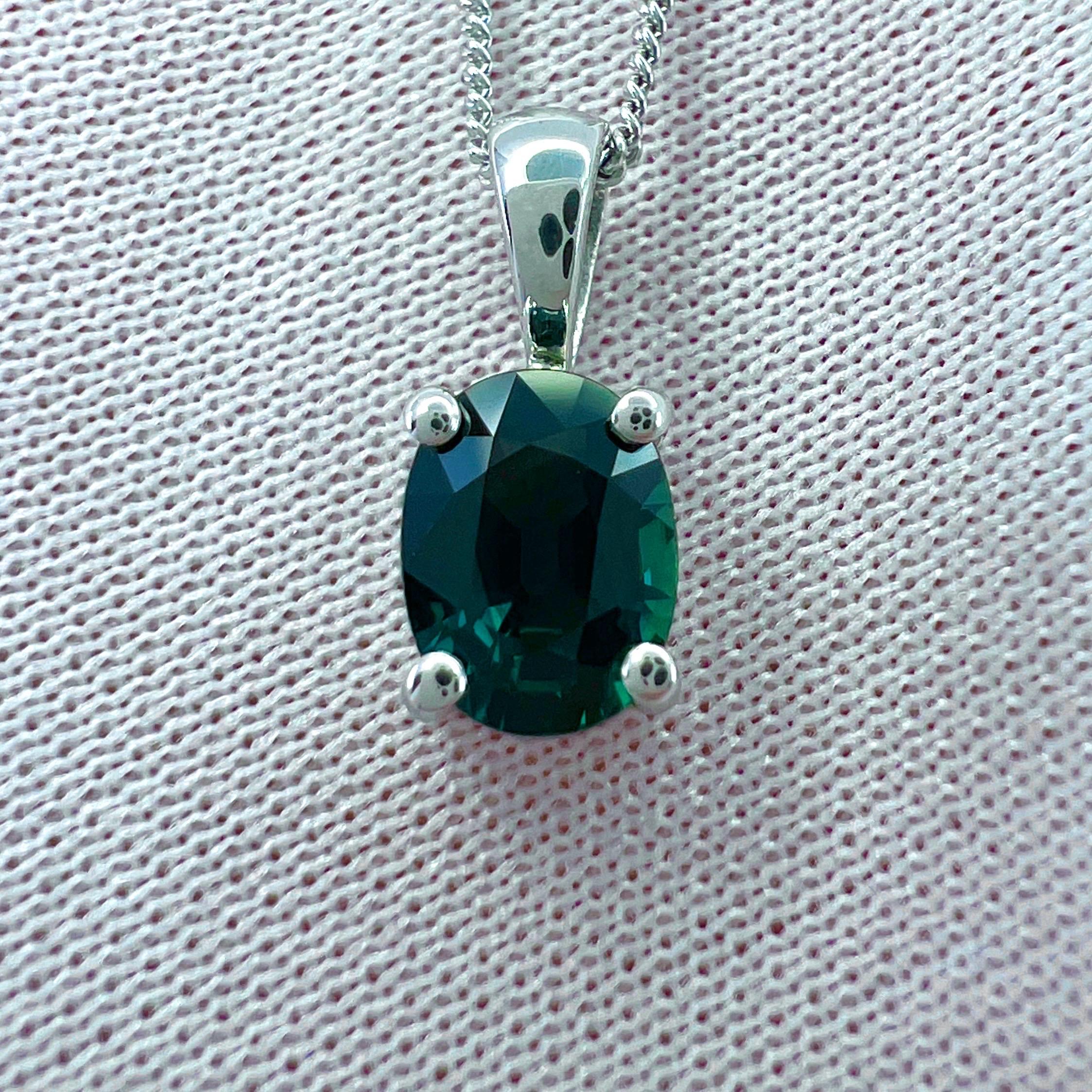 GIA Certified 1.12ct Untreated Green Blue Sapphire Oval 18k White Gold Pendant en vente 3