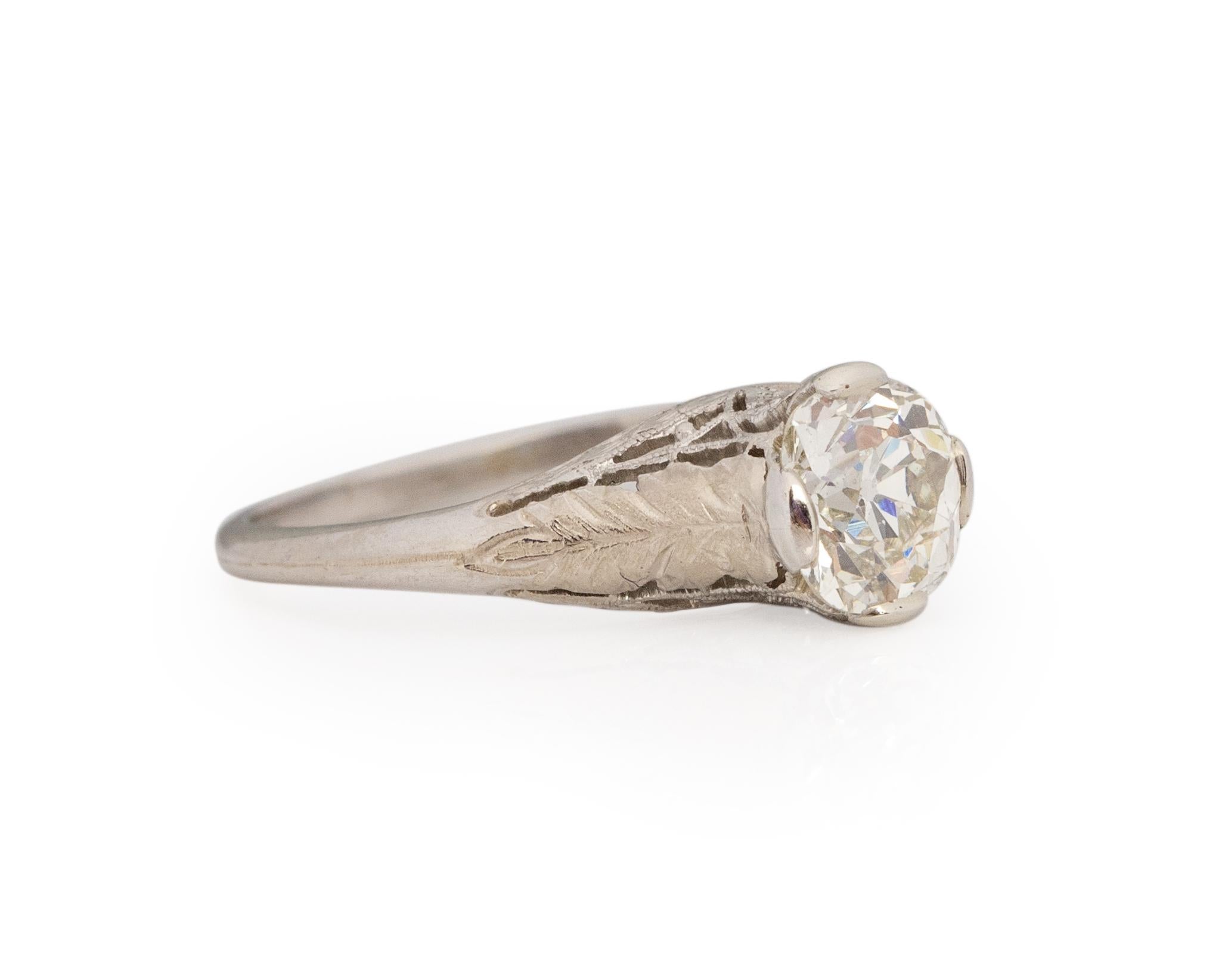 Ring Size: 6.25
Metal Type: Platinum [Hallmarked, and Tested]
Weight: 3.4 grams

Center Diamond Details:
GIA REPORT #: 1216780785
Weight: 1.13carat
Cut: Antique Cushion
Color: M
Clarity: SI1
Measurements: 6.53mm x 6.09 x 4.20mm

Finger to Top of