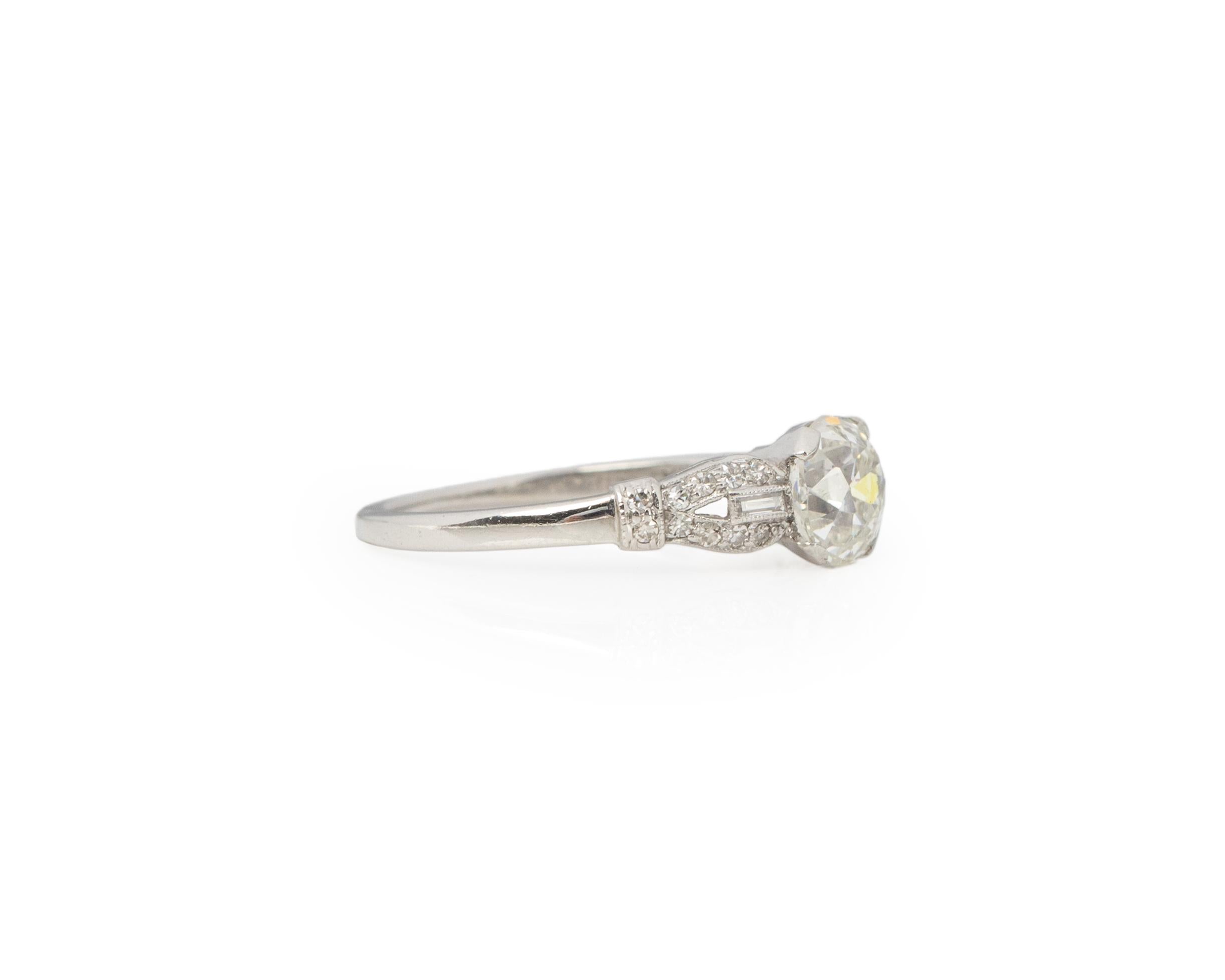 Ring Size: 6.25
Metal Type: Platinum [Hallmarked, and Tested]
Weight: 2.9grams

Center Diamond Details:
GIA LAB REPORT #: 1226860061
Weight: 1.13ct
Cut: Old Mine Brilliant
Color: I
Clarity: VS2
Measurements: 6.06mm x 5.83mm x 4.40mm

Side Diamond