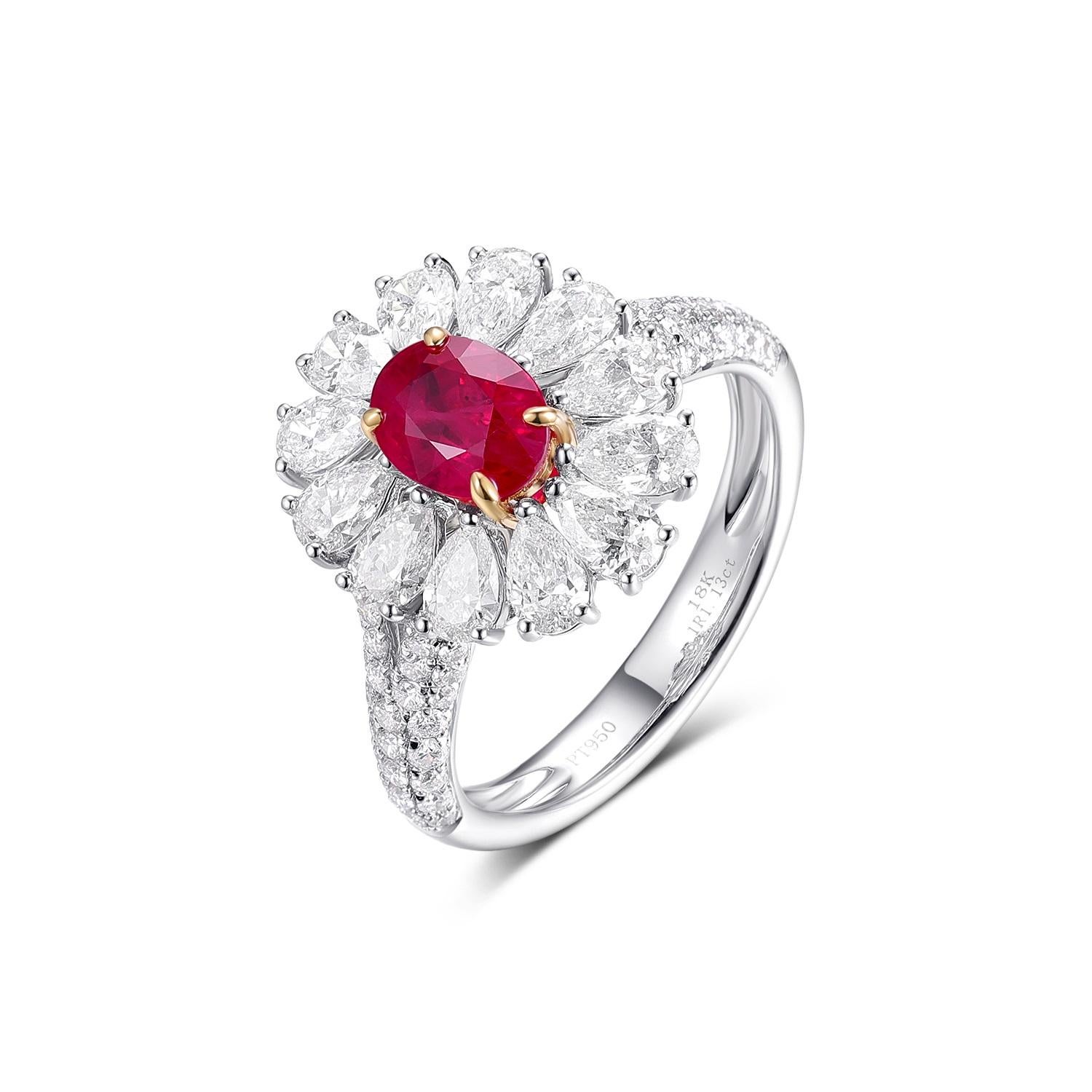 This exquisite ring features a vivid red Burma Ruby weighing 1.13 carats, known for its intense color and high quality. The central ruby, certified by GIA, is described as 