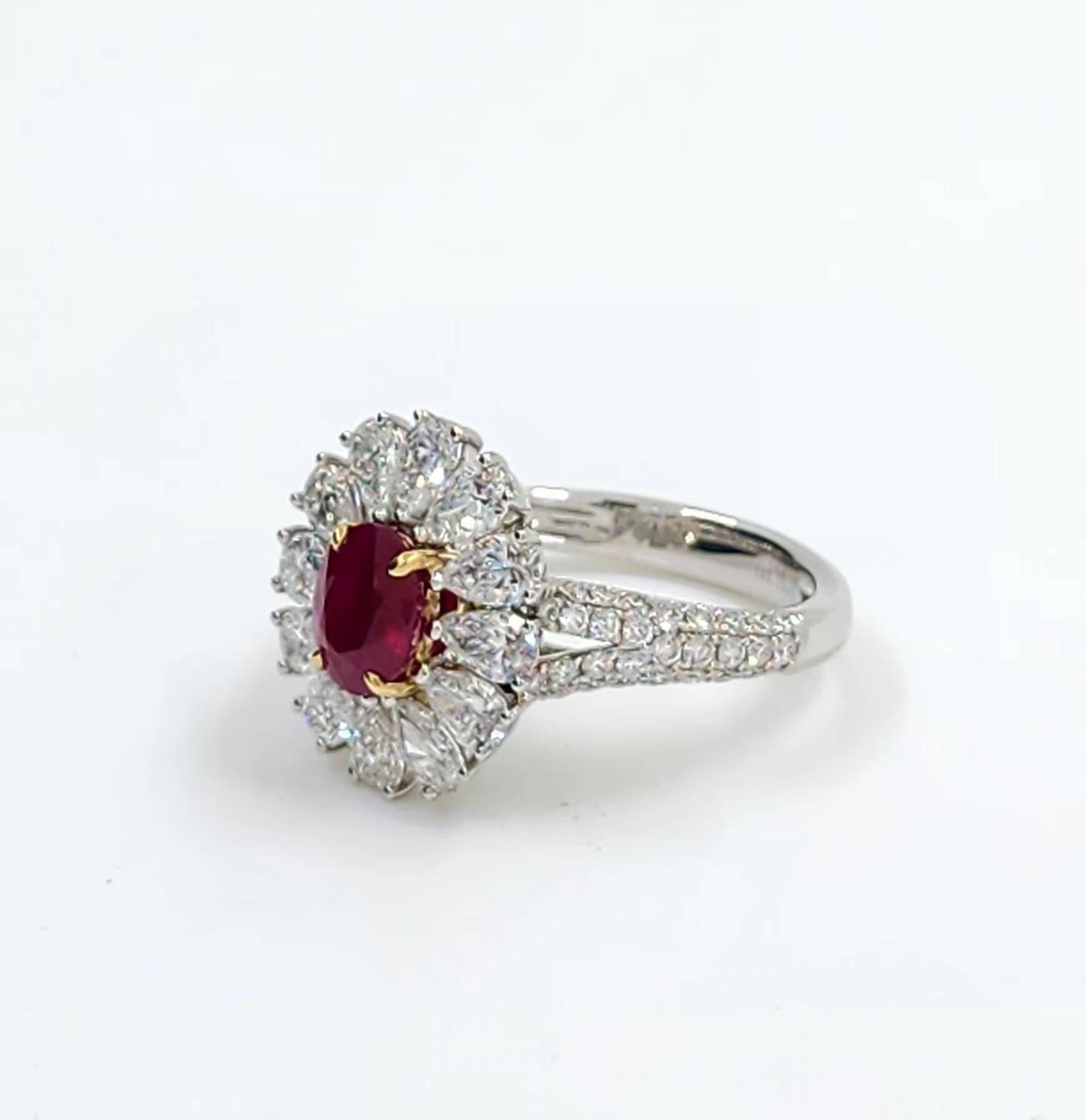 GIA Certified 1.13 Carat Burma Ruby Diamond Ring in Platinum For Sale 2