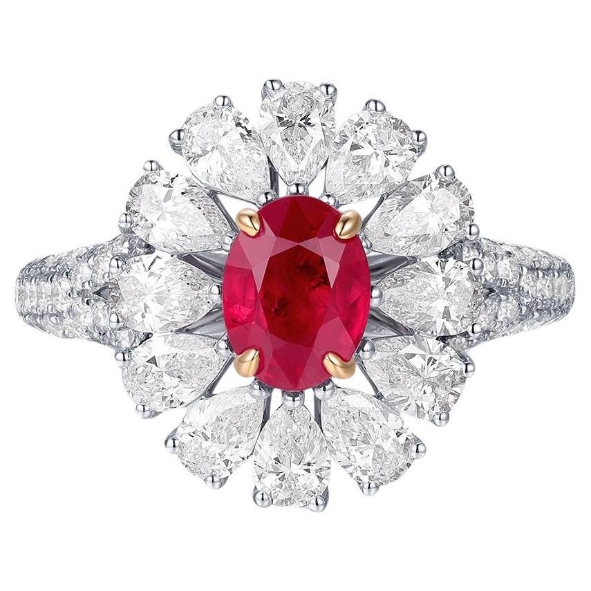 Anillo de diamantes rubí de Birmania en platino de 1.13 quilates certificado por el GIA