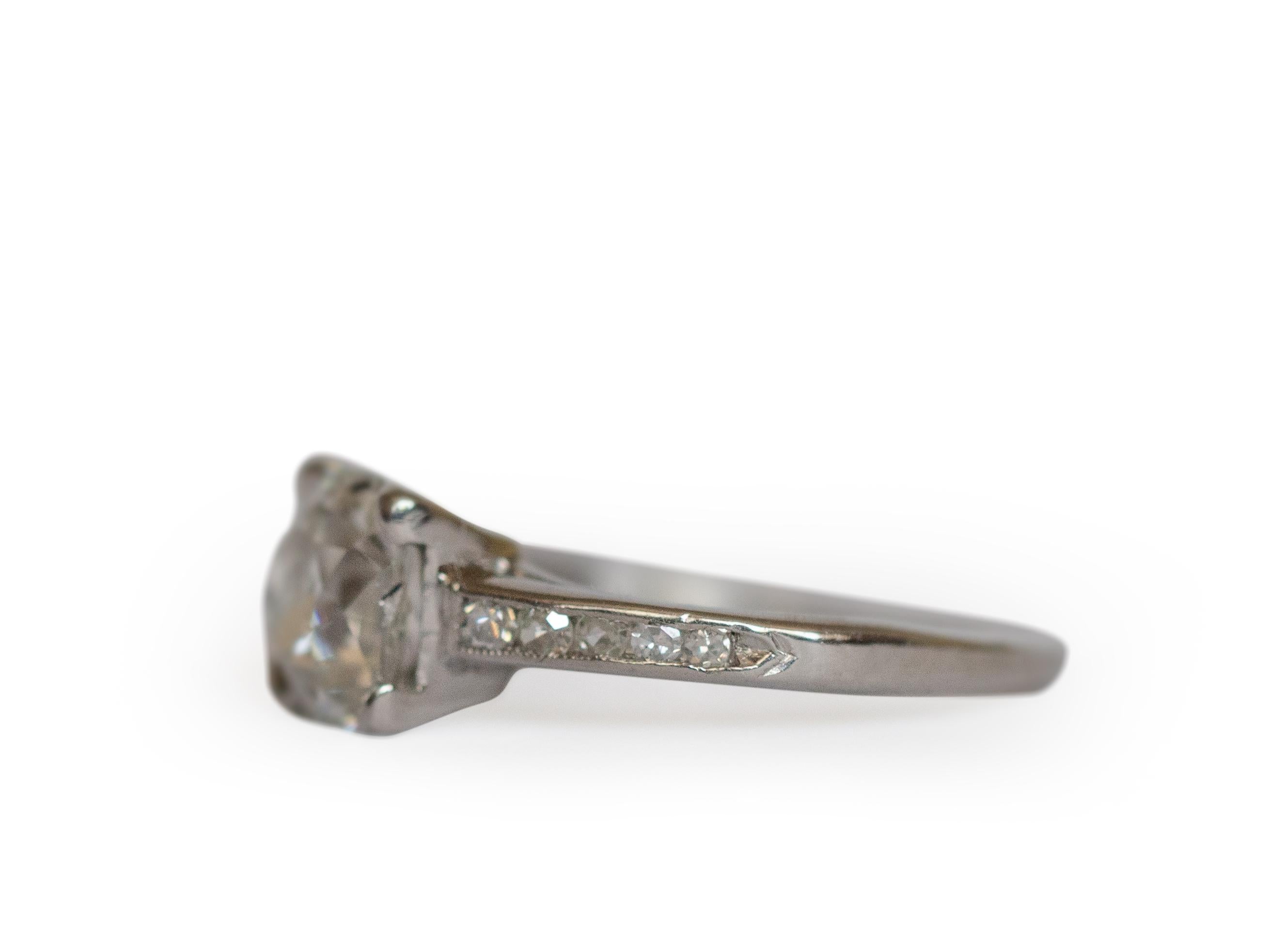 Ring Size: 6.5
Metal Type: Platinum  [Hallmarked, and Tested]
Weight:  3 grams

Center Diamond Details:
GIA REPORT #:1216110141
Weight: 1.13 carat
Cut: Antique Elongated Cushion - Old Mine Brilliant
Color: K 
Clarity: SI1

Side Diamond