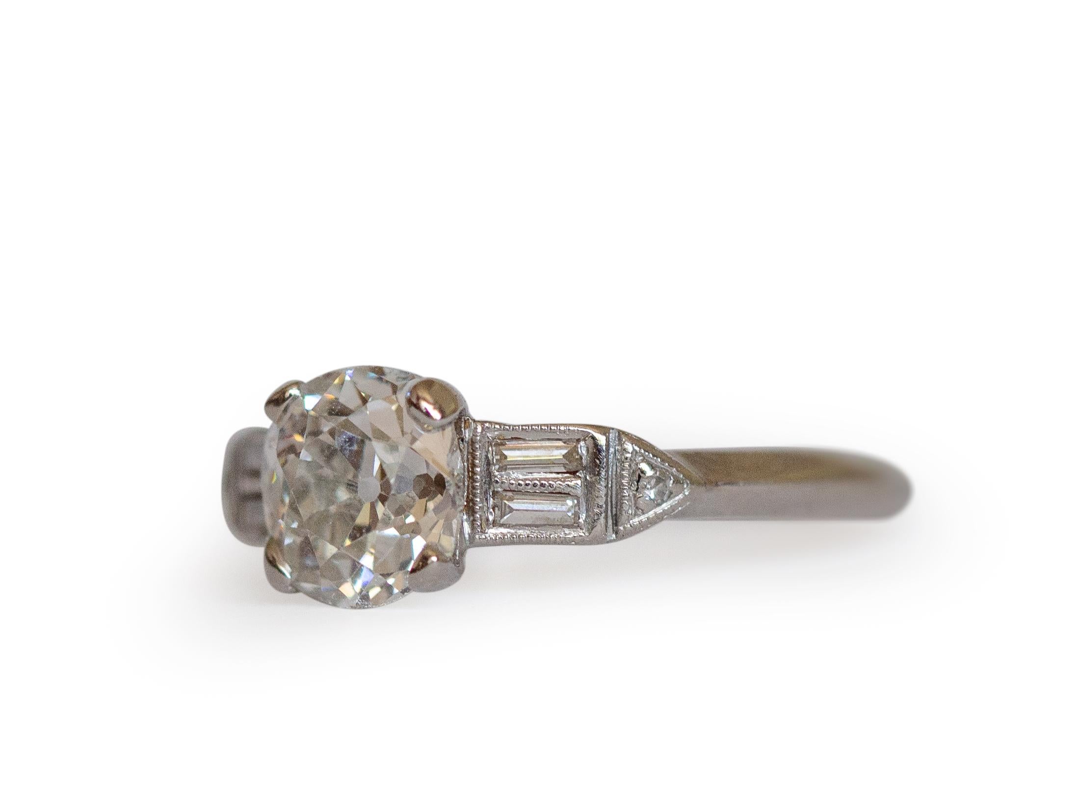 Ring Size: 7
Metal Type: Platinum  [Hallmarked, and Tested]
Weight:  3 grams

Center Diamond Details:
GIA REPORT #: 2215104049
Weight: 1.13 carat
Cut: Old Mine Brilliant, Antique Cushion
Color: I
Clarity: SI1

Side Diamond Details:
Weight: .20