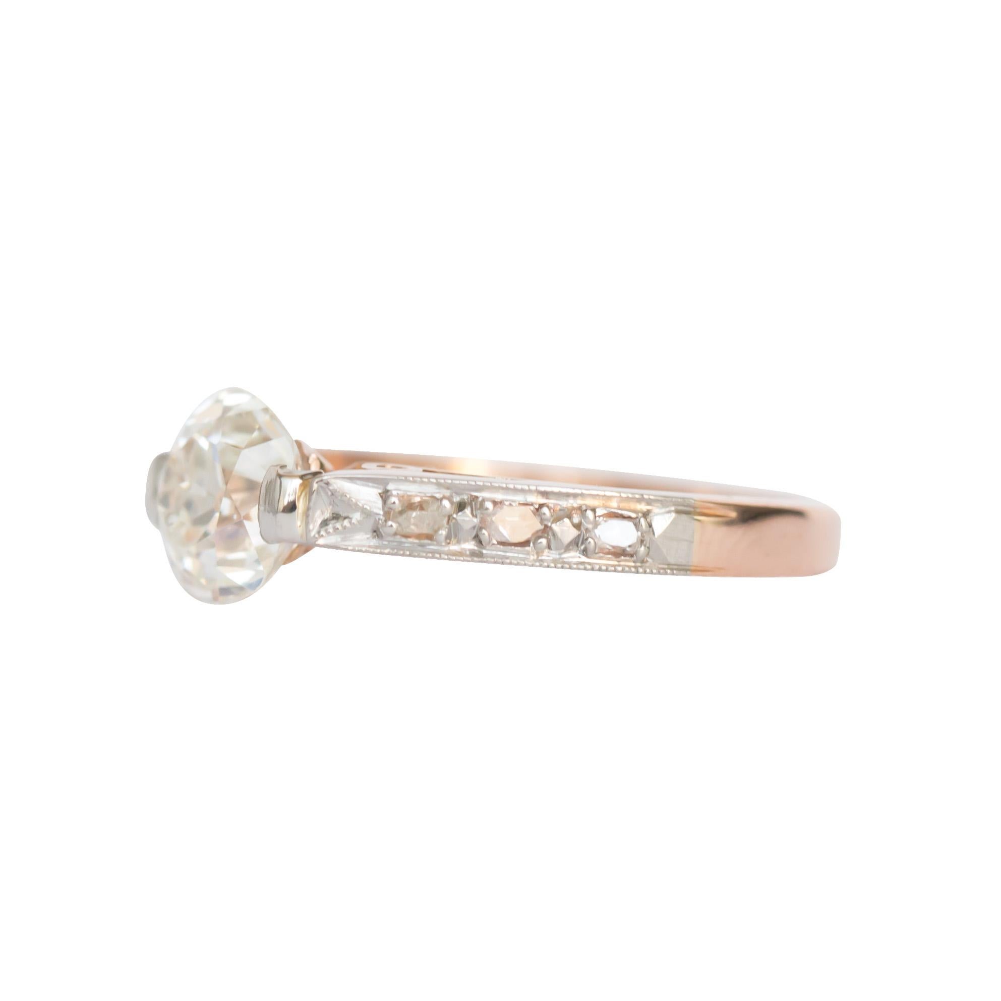 Ring Size: 4.95
Metal Type: 18 karat Yellow Gold and Platinum 
Weight: 2.2 grams

Center Diamond Details
GIA CERTIFIED Center Diamond - Certificate # 2205132239
Shape: Old European Brilliant 
Carat Weight: 1.13 carat
Color: L
Clarity: VS2

Side