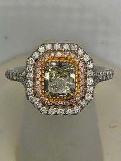 GIA Certified 1.13 Carat Light Greenish Yellow Diamond Ring with Pink Accents