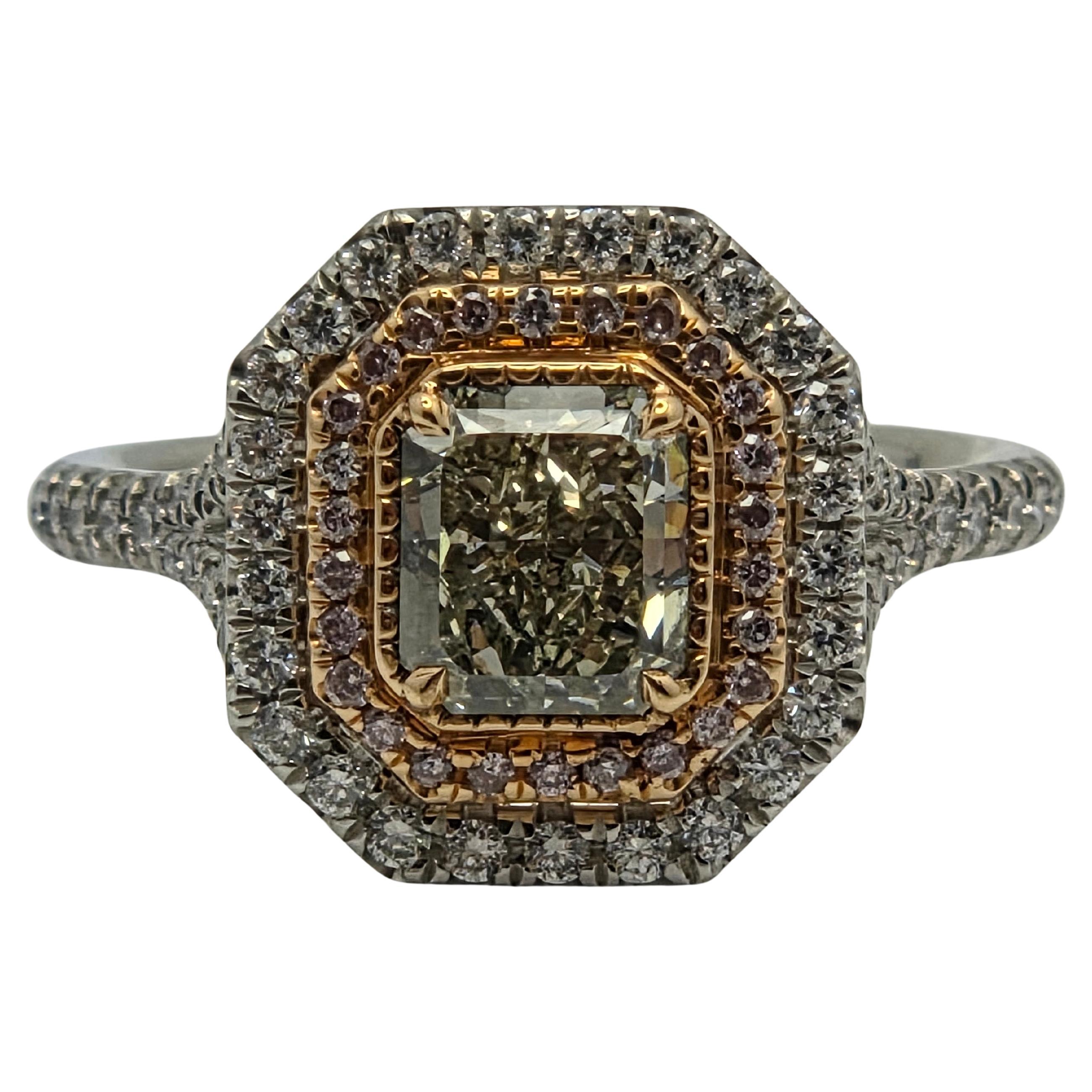 Anello con diamante giallo chiaro e verdastro certificato GIA da 1,13 carati con inserti rosa