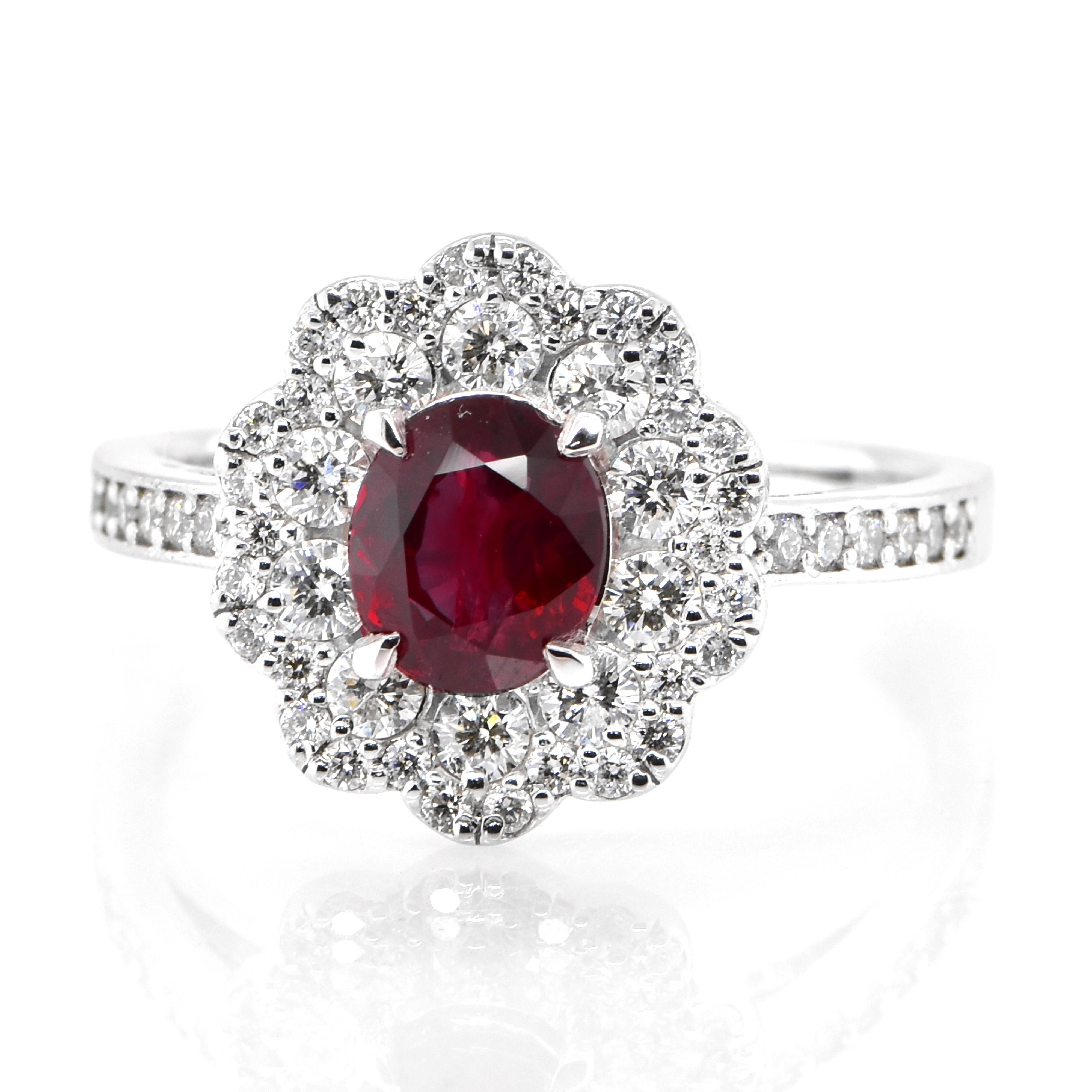 A beautiful Ring set in Platinum featuring a GIA Certified 1.13 Carat Natural Untreated (Unheated) Ruby and 0.59 Carat Diamonds. Rubies are referred to as 