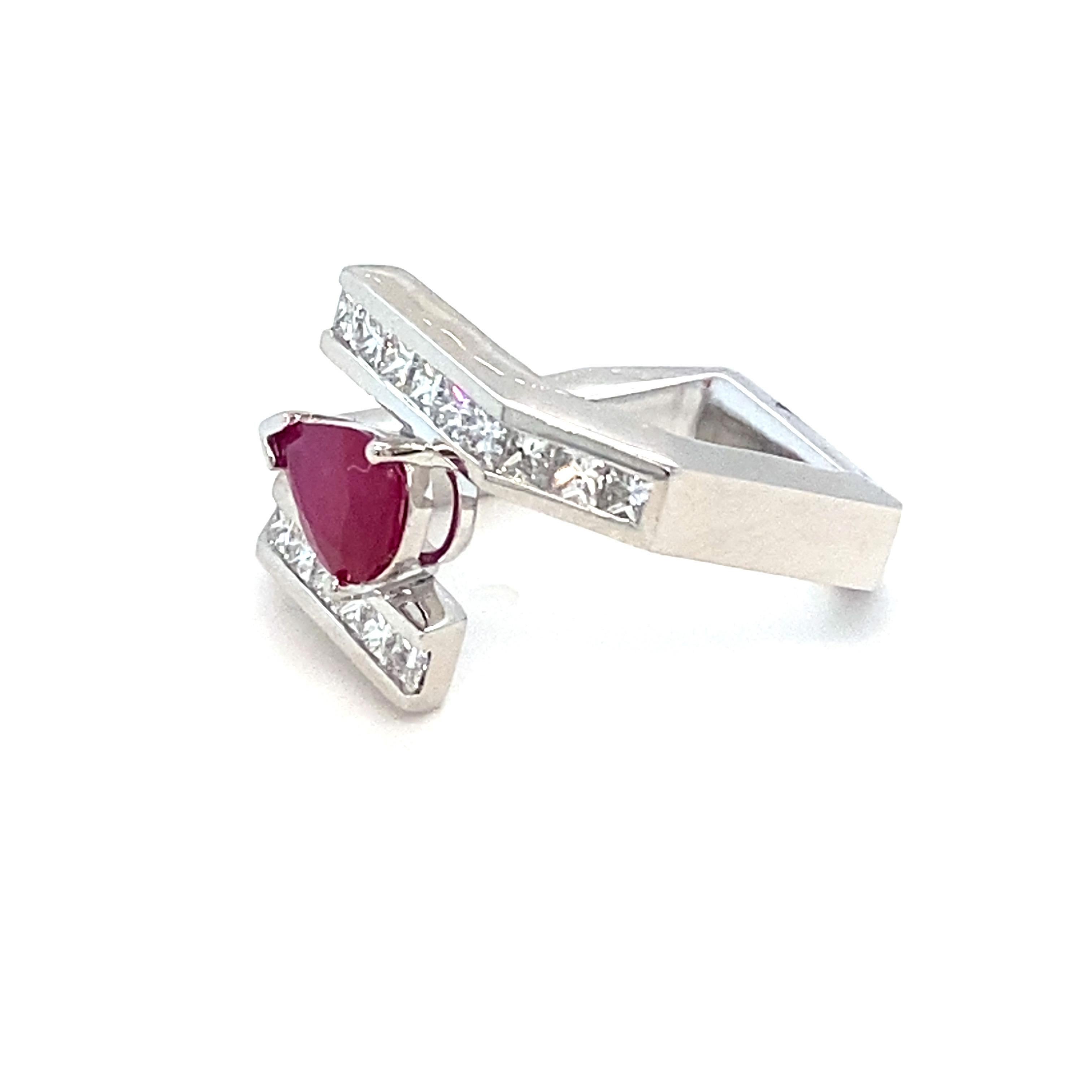 GIA Certified 1.13 Carat Pear Cut Burmese Ruby Diamond Platinum Ring 5