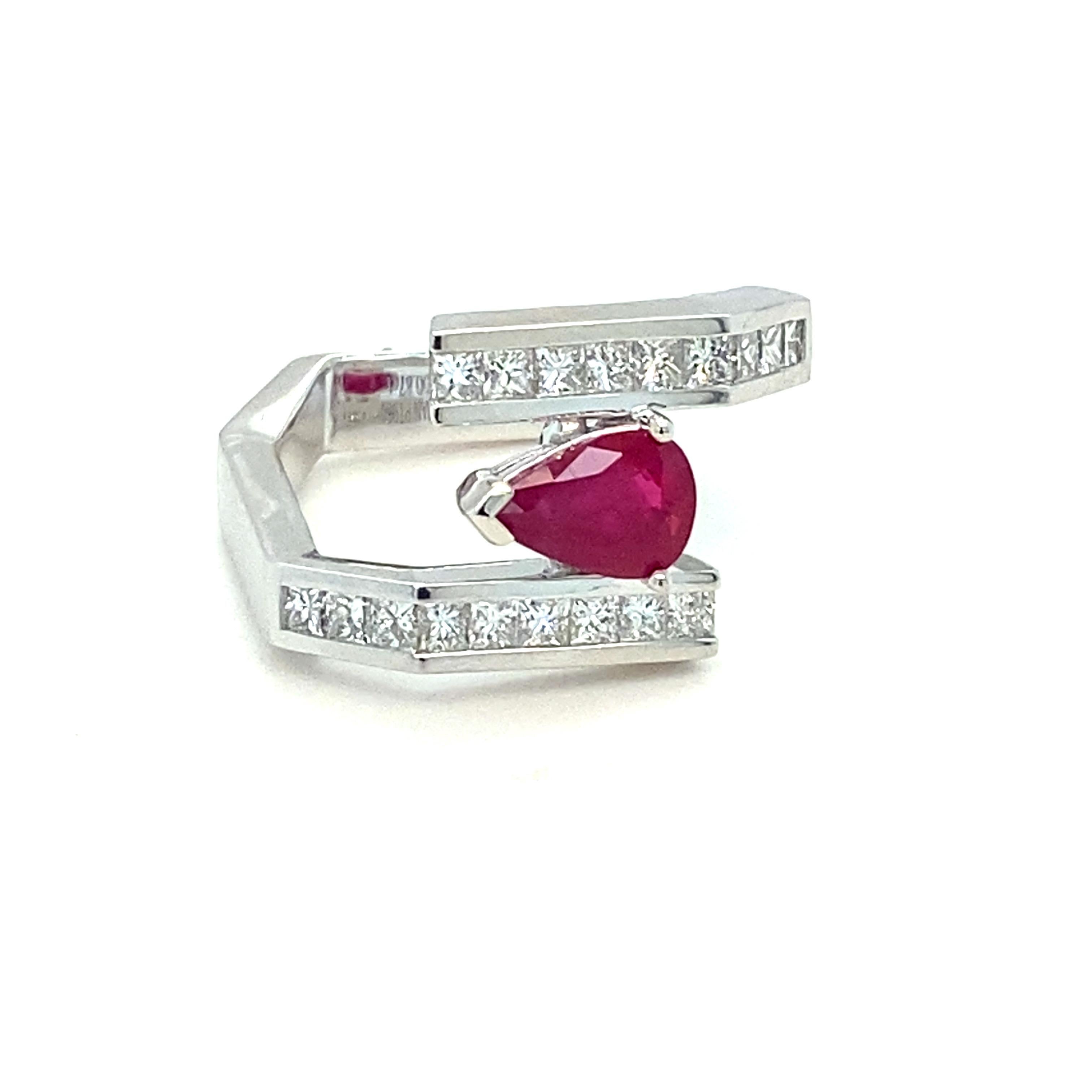 Artisan GIA Certified 1.13 Carat Pear Cut Burmese Ruby Diamond Platinum Ring