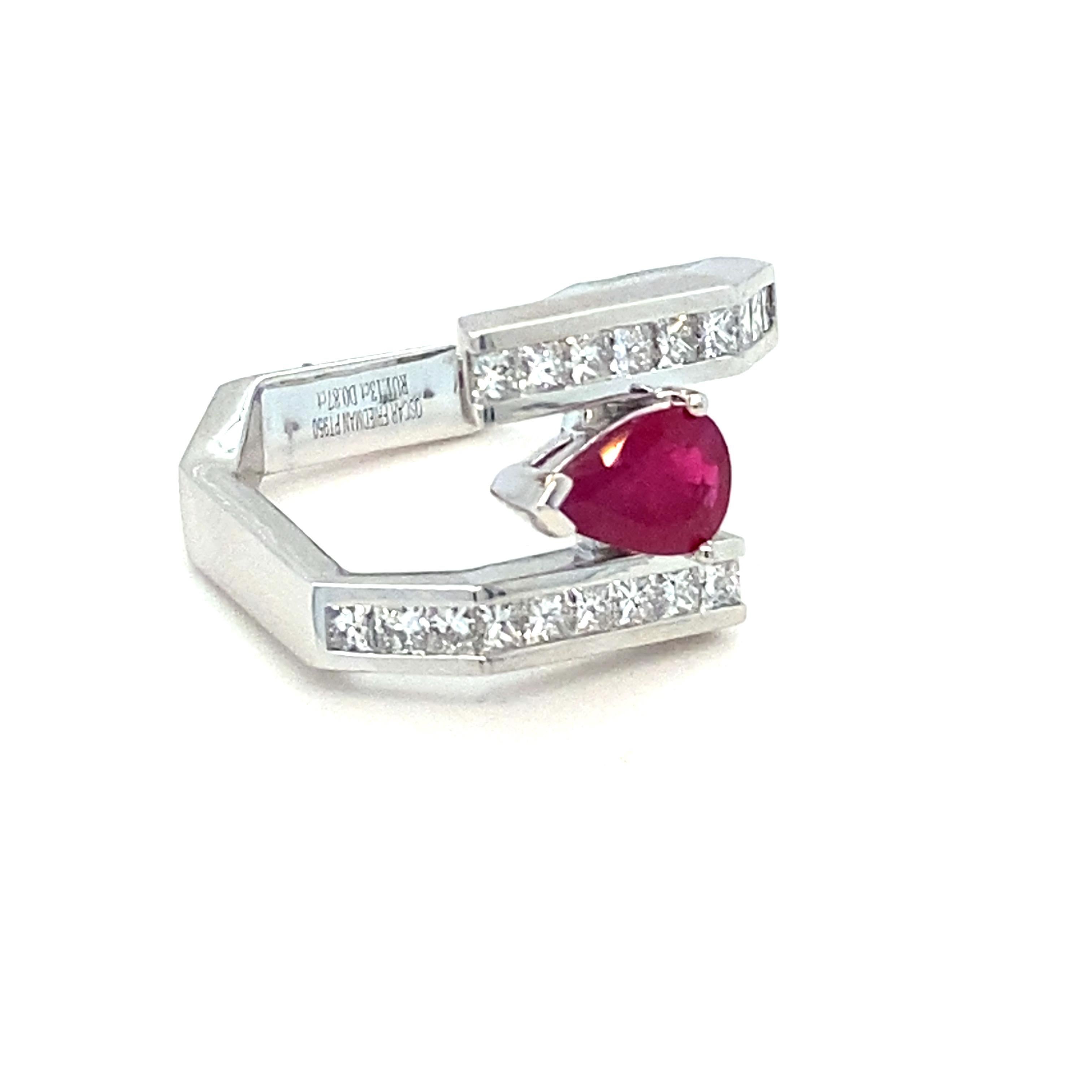GIA Certified 1.13 Carat Pear Cut Burmese Ruby Diamond Platinum Ring In New Condition In Trumbull, CT