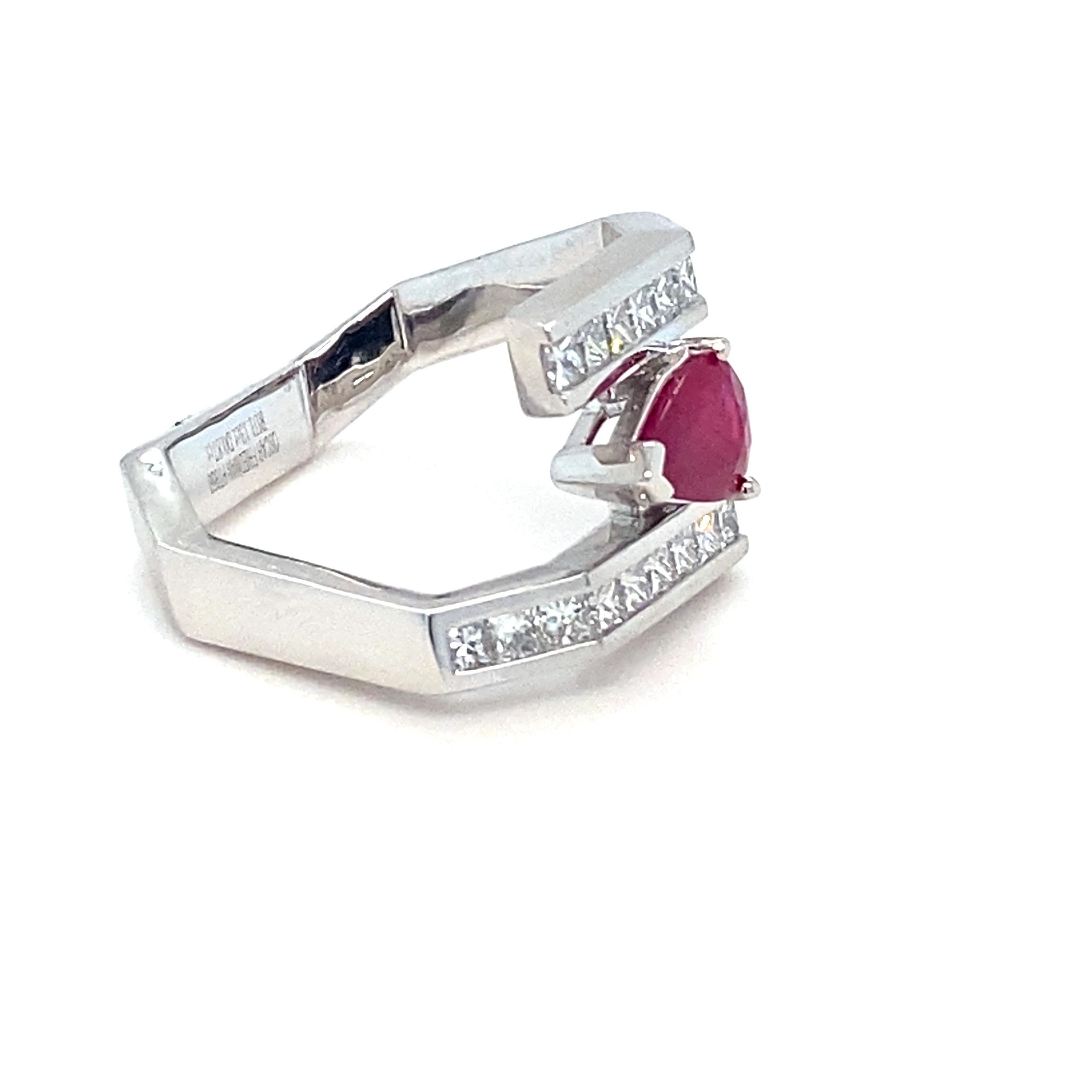 Women's GIA Certified 1.13 Carat Pear Cut Burmese Ruby Diamond Platinum Ring