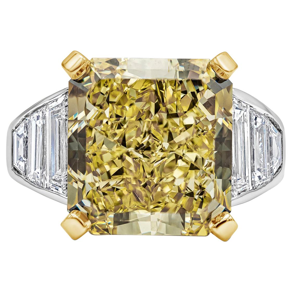 GIA Certified 11.30 Carat Radiant Cut Intense Yellow  Diamond Engagement Ring