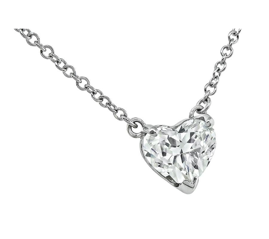 This is a charming 14k white gold solitaire pendant necklace. The necklace is set with sparkling GIA certified heart shape diamond that weighs 1.13ct. The color of the diamond is H with SI2 clarity. The pendant measures 7mm by 7.5mm. The necklace