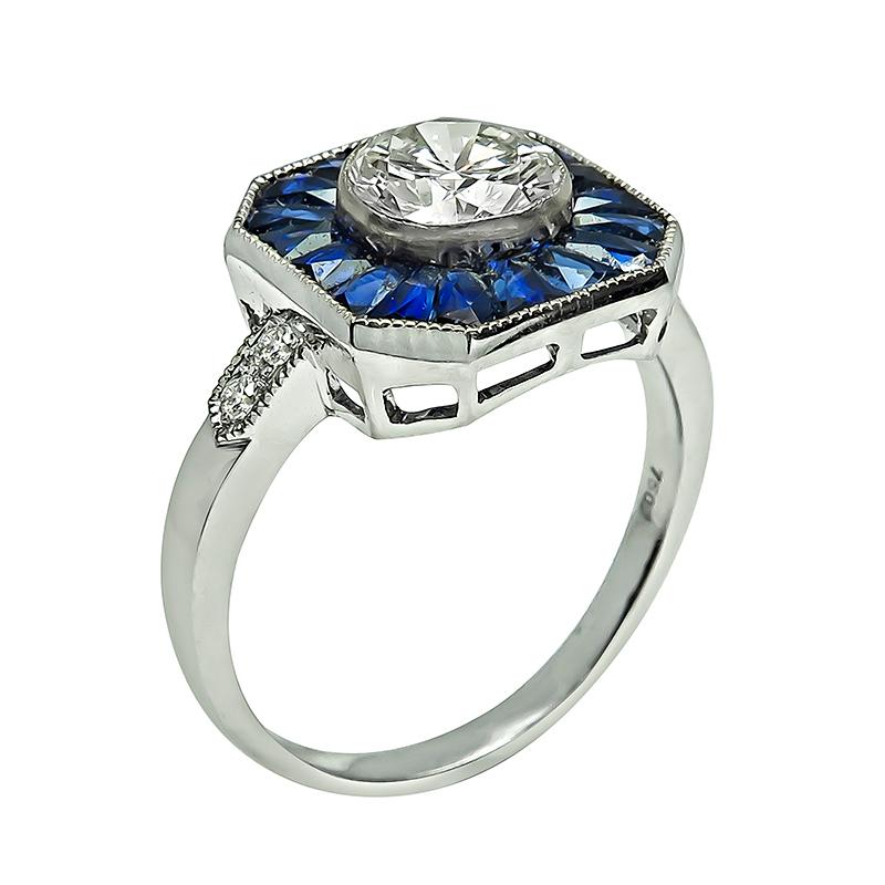 Round Cut GIA Certified 1.13ct Diamond Sapphire Engagement Ring For Sale