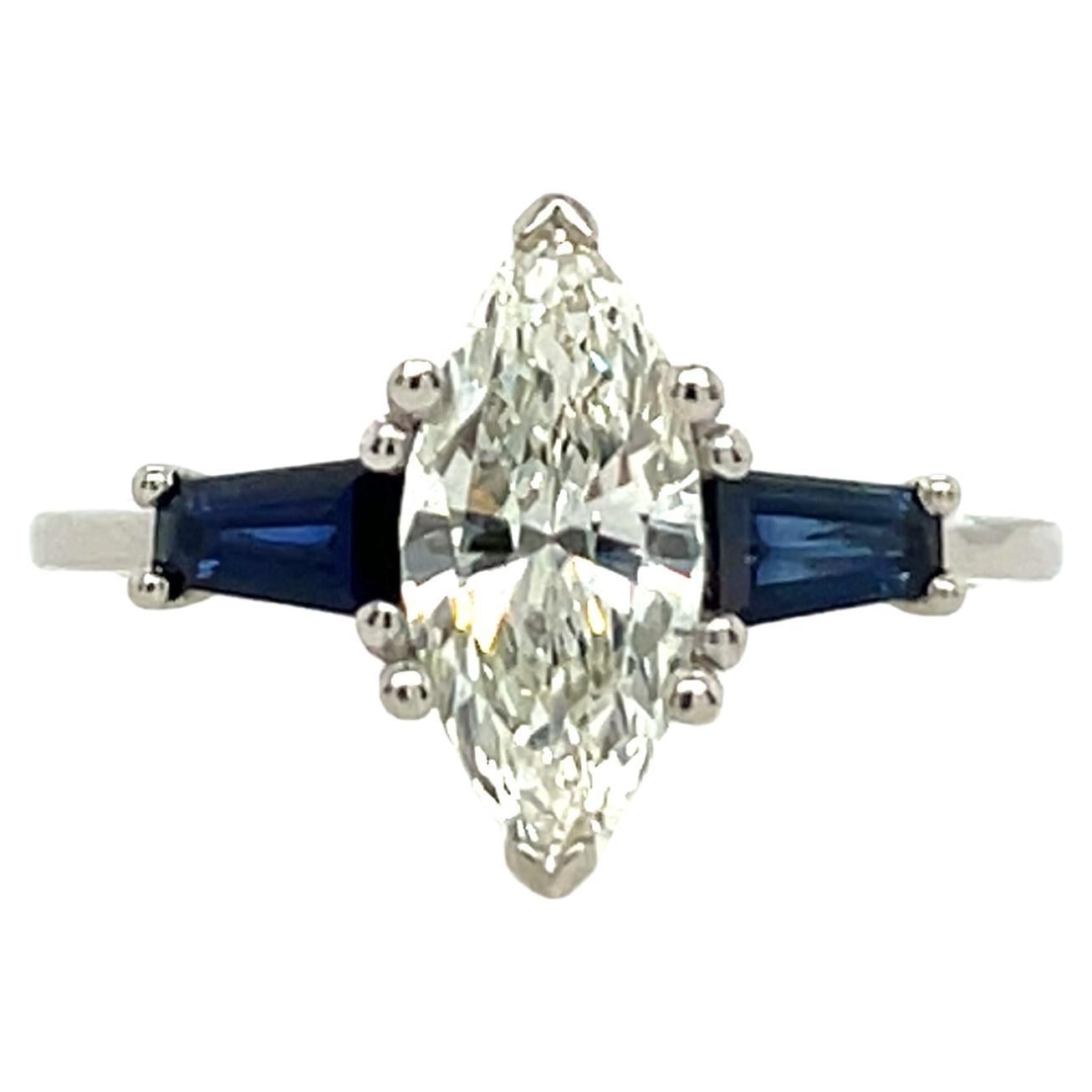GIA Certified 1.13ct Marquise Diamond Set With 2 Matching Sapphire For Sale