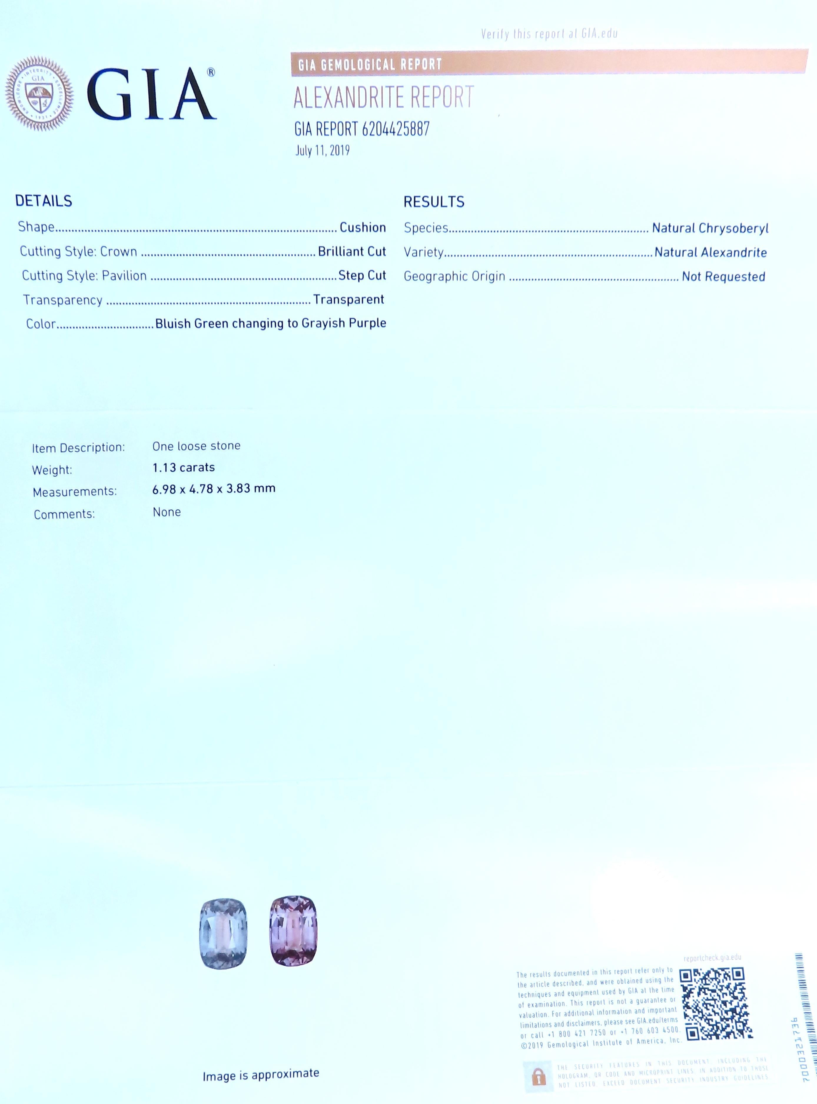 GIA-zertifizierter 1,13 Karat natürlicher Alexandrit Farbwechsel 54774 (Kissenschliff)