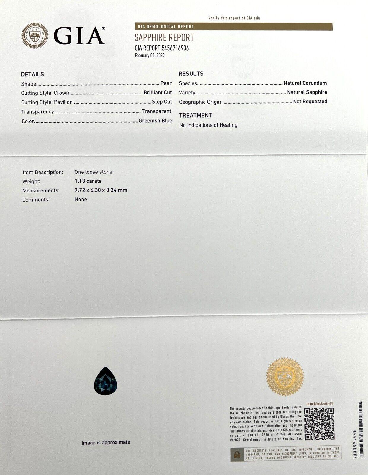Saphir naturel unique taille poire bleu sarcelle non traité de 1,13 carat certifié par le GIA en vente 1