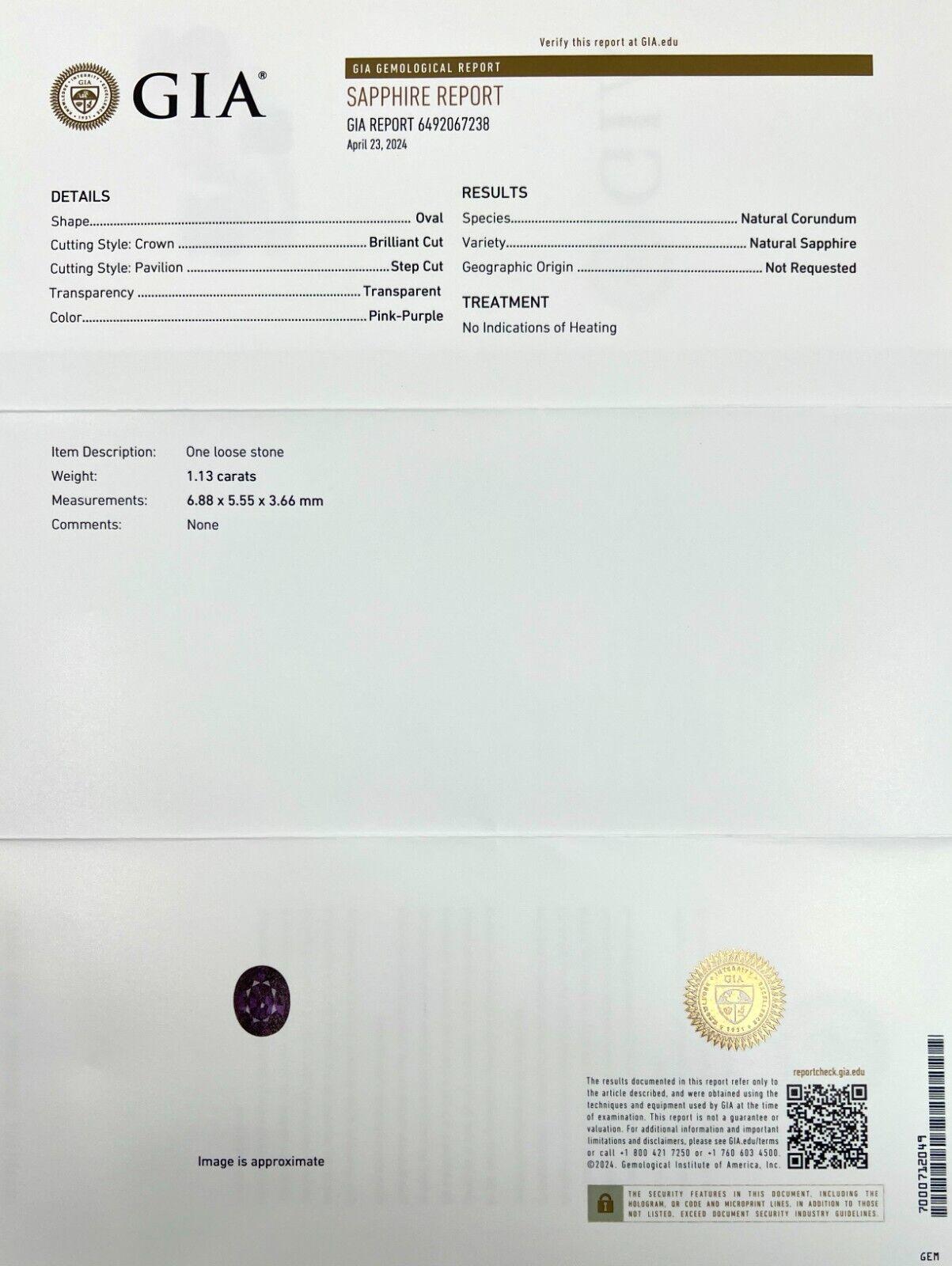 Gia Certified 1.13ct Pink Purple Sapphire Untreated Oval Cut Rare Gem 6.8x5.5mm In New Condition For Sale In Birmingham, GB