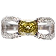 GIA Certified 1.14 Carat Brown - Green Yellow Diamond 18 KT Gold Engagement Ring
