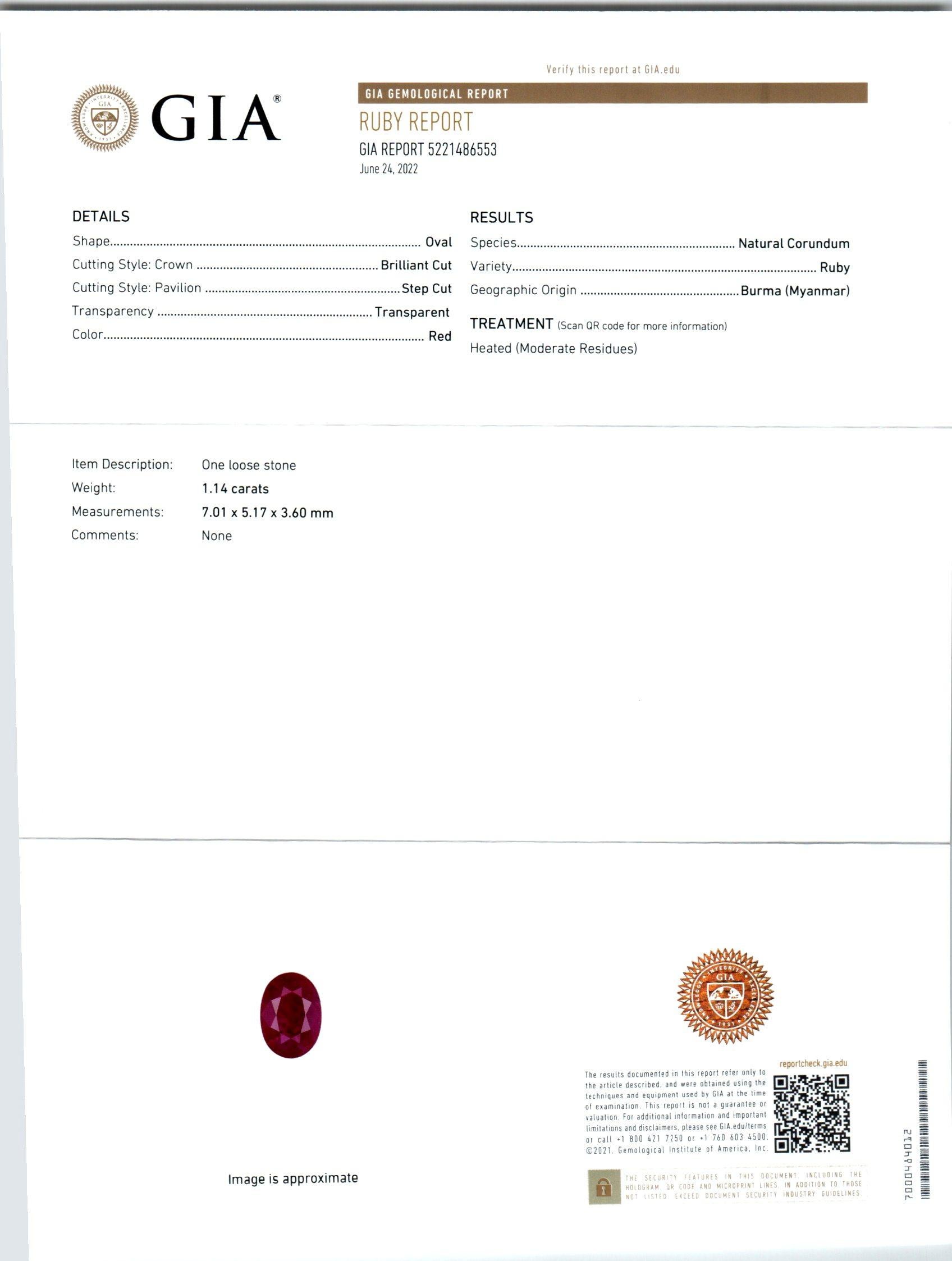 GIA-zertifizierte Halskette mit 1,14 Karat burmesischem Rubin-Diamant-Gelbgold-Anhänger im Zustand „Gut“ in Stamford, CT