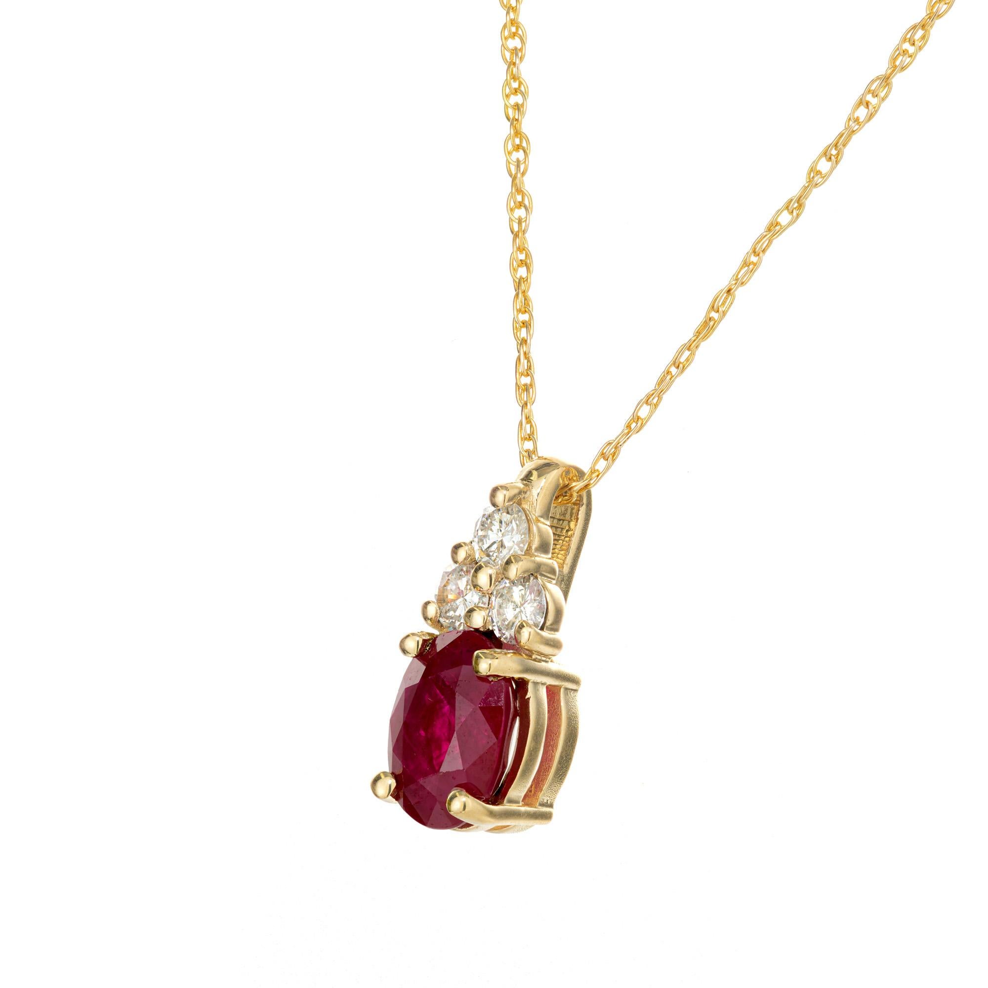 Women's GIA Certified 1.14 Carat Burma Oval Ruby Diamond Yellow Gold Pendant Necklace