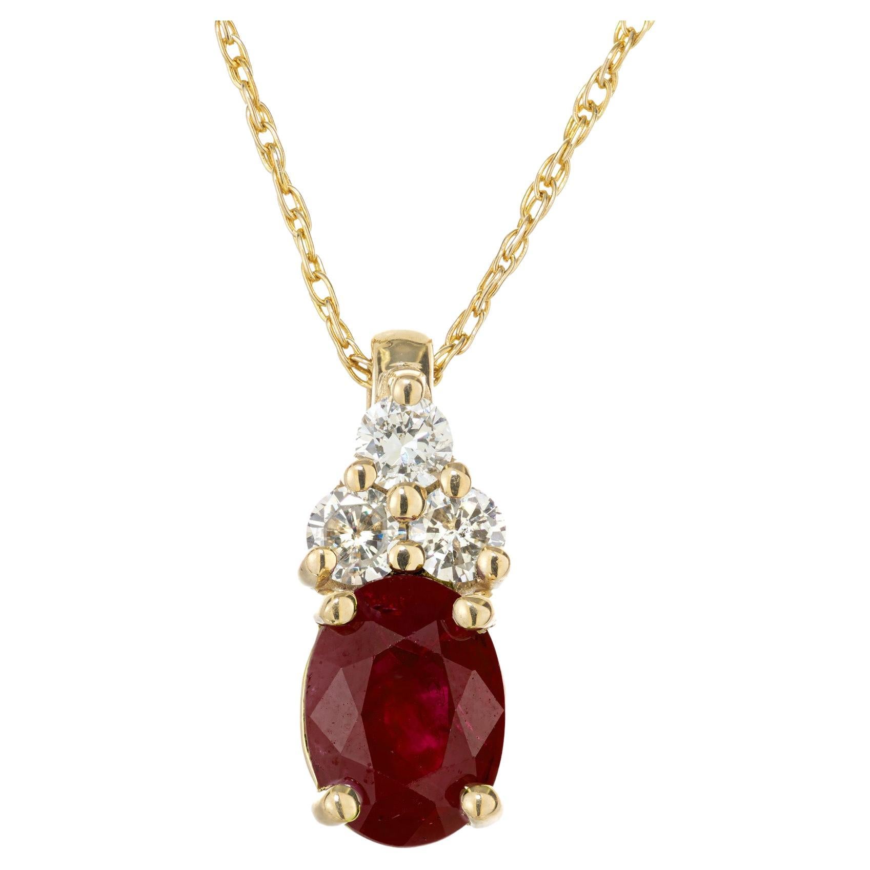 GIA Certified 1.14 Carat Burma Oval Ruby Diamond Yellow Gold Pendant Necklace