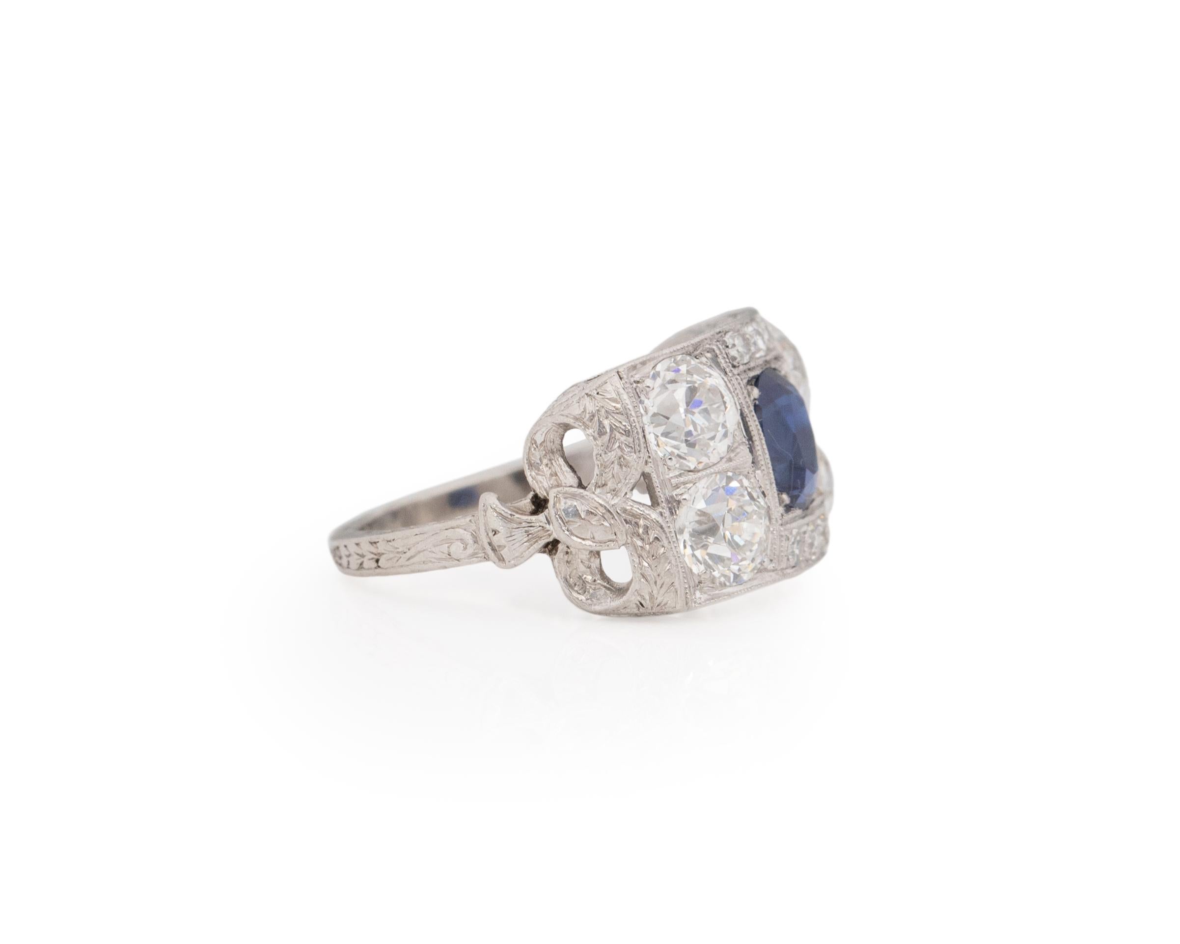 Ring Size: 4.75
Metal Type: Platinum  [Hallmarked, and Tested]
Weight:  5.3grams

Center Diamond Details:
GIA LAB REPORT #: 6227725604
Weight: 1.14ct
Cut: Antique Cushion
Color: Blue
Clarity: VS
Measurements: 6.07mm x 5.32mm x 3.78mm 

Finger to Top
