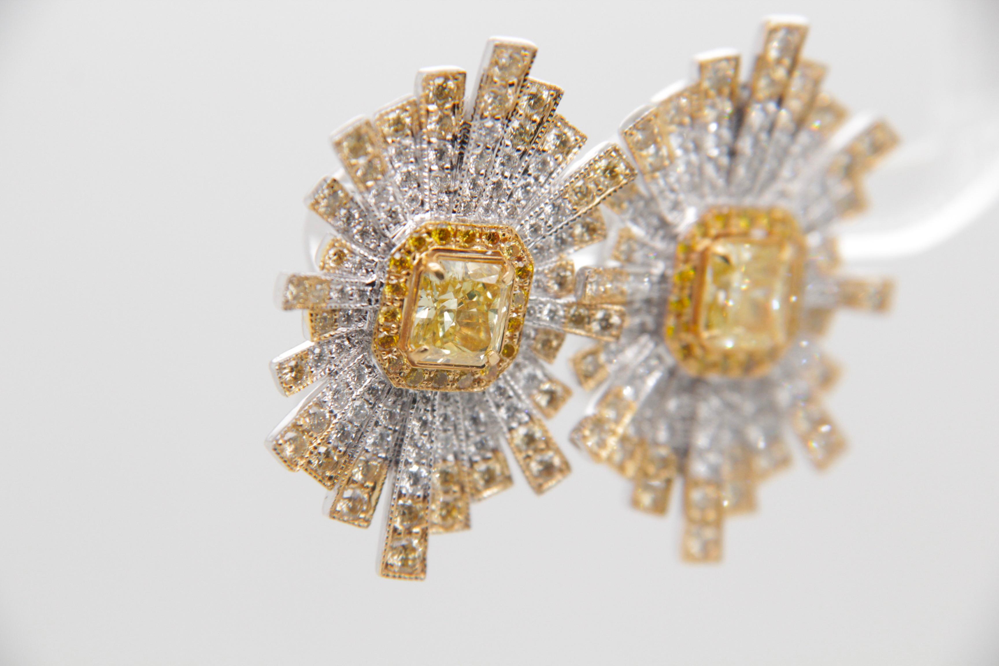 Radiant Cut GIA Certified 1.14 Carat Fancy Intense Yellow Diamond Earring in Gold For Sale
