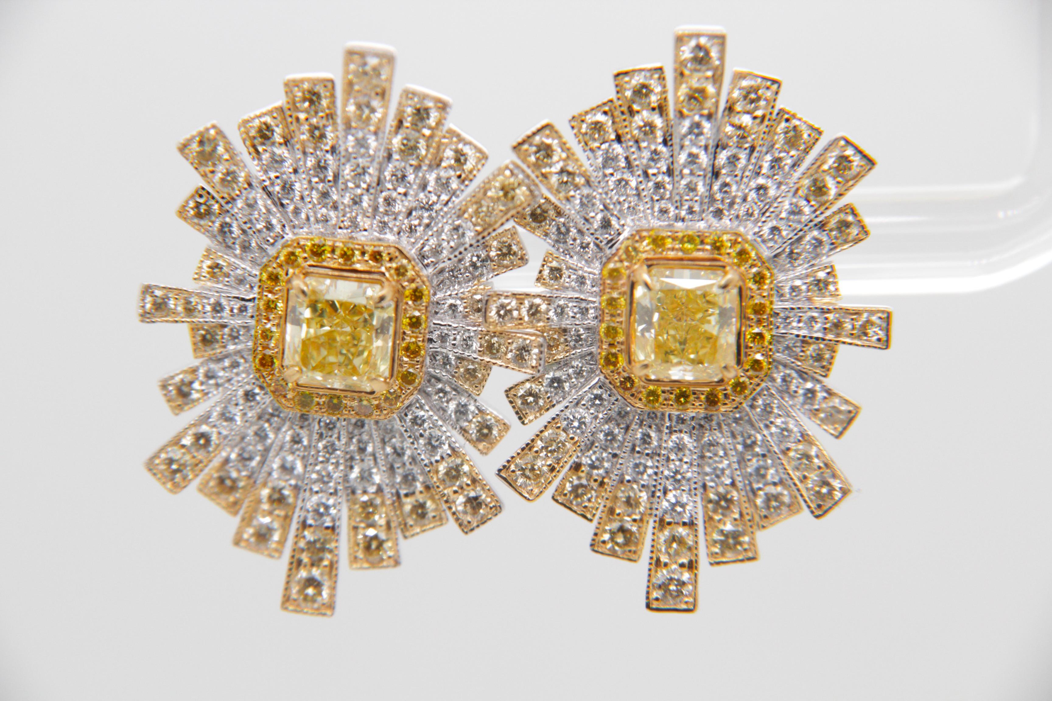 Women's or Men's GIA Certified 1.14 Carat Fancy Intense Yellow Diamond Earring in Gold For Sale