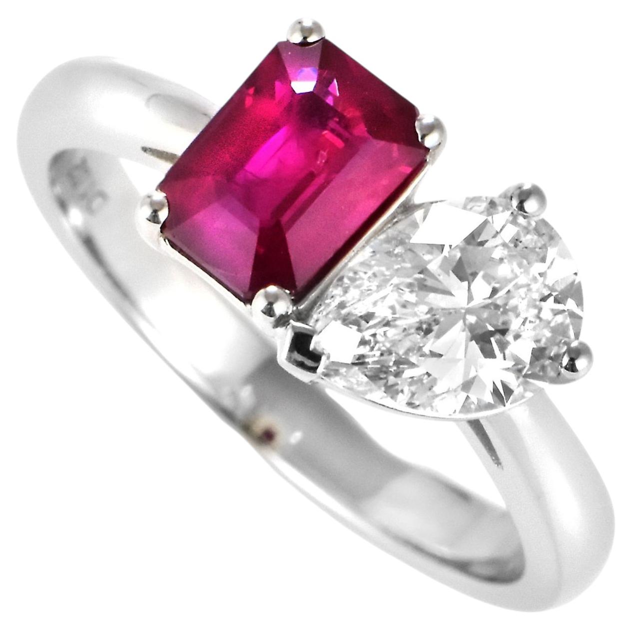 GIA Certified 1.14 Carat Natural Burmese Ruby and Diamond Toi Et Moi Ring