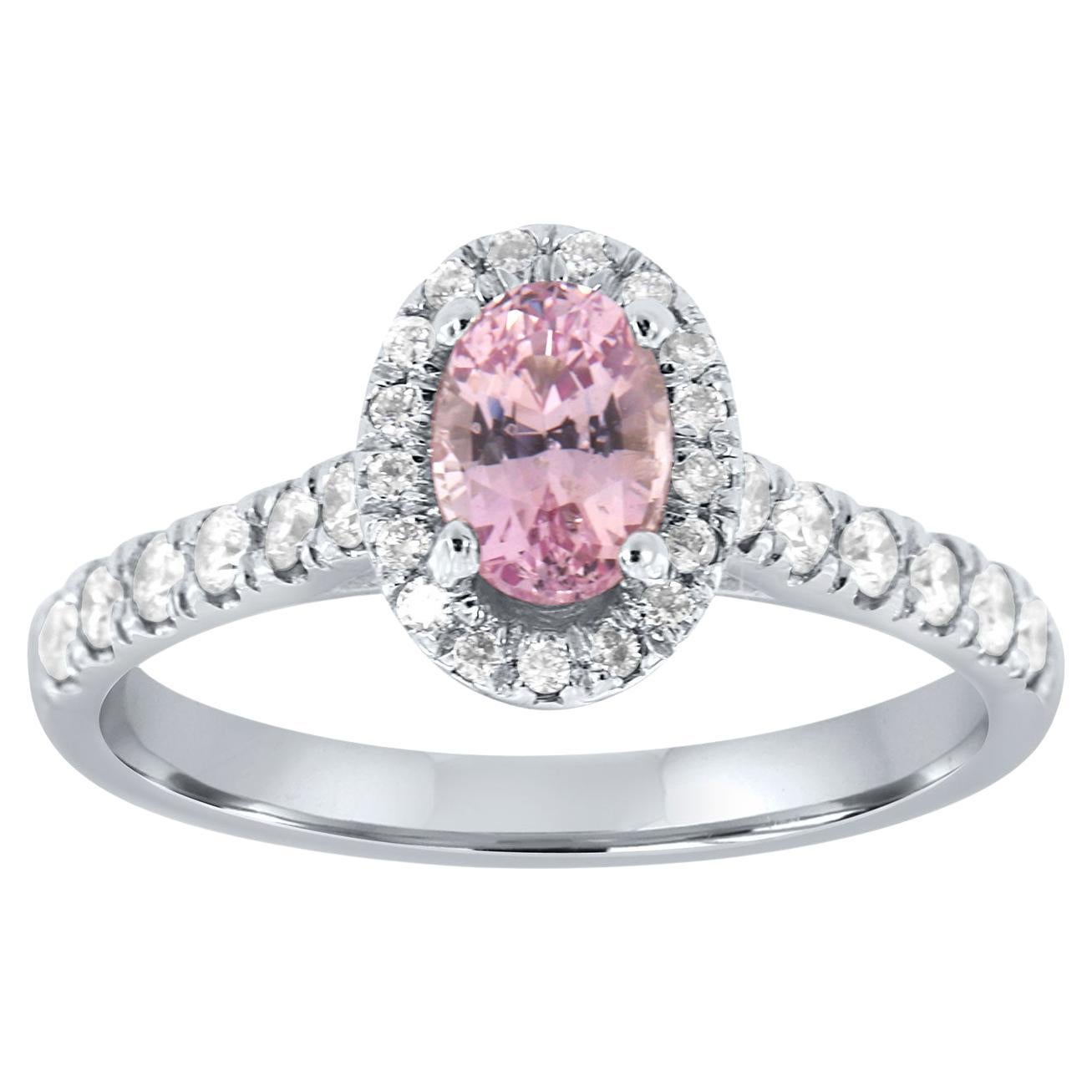 Bague en platine avec saphir rose ovale certifié GIA de 1,14 carat, sans chaleur et halo de diamants