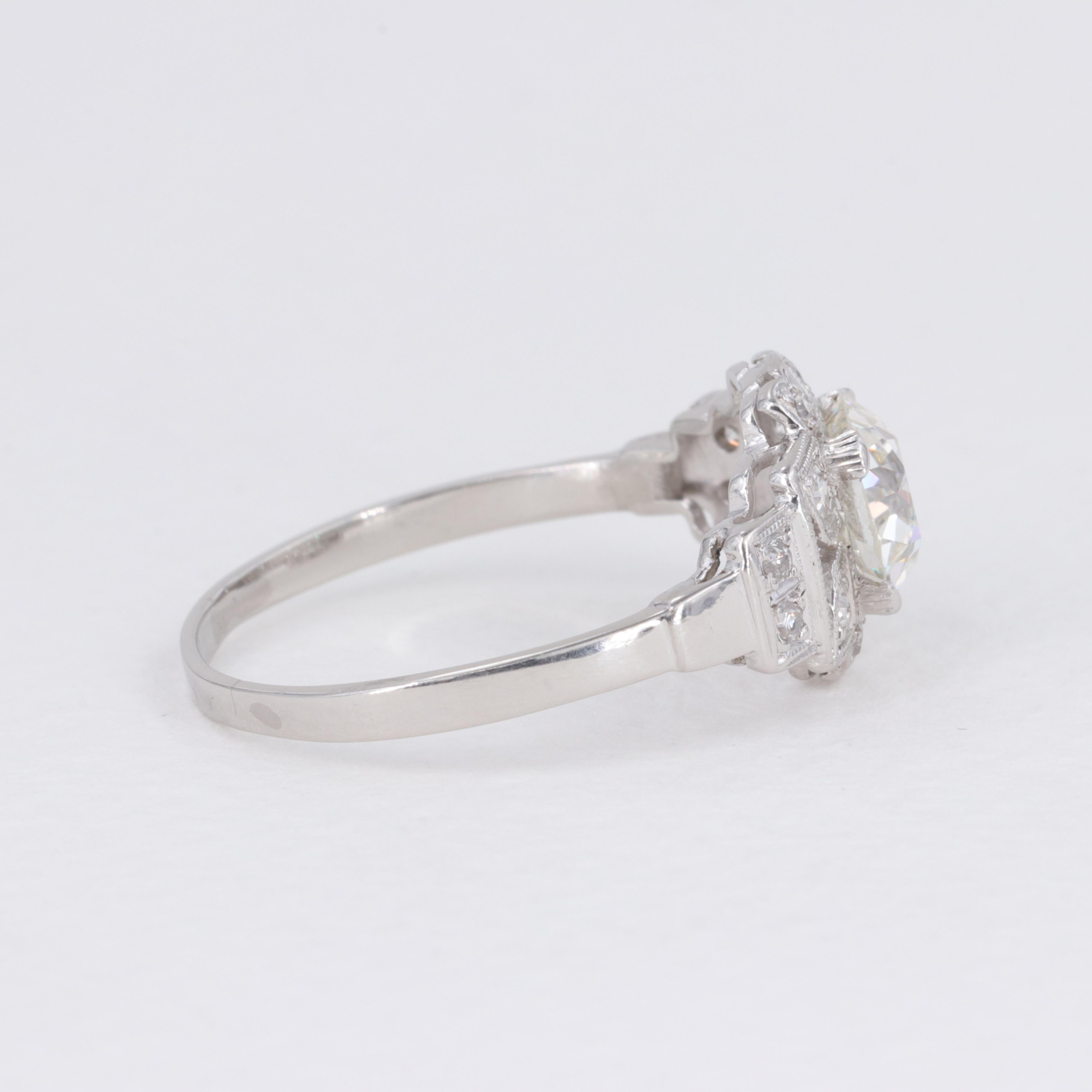 G.I.A. 1.14ct Old European Cut Diamond Antique Deco Platinum Engagement Ring For Sale 2