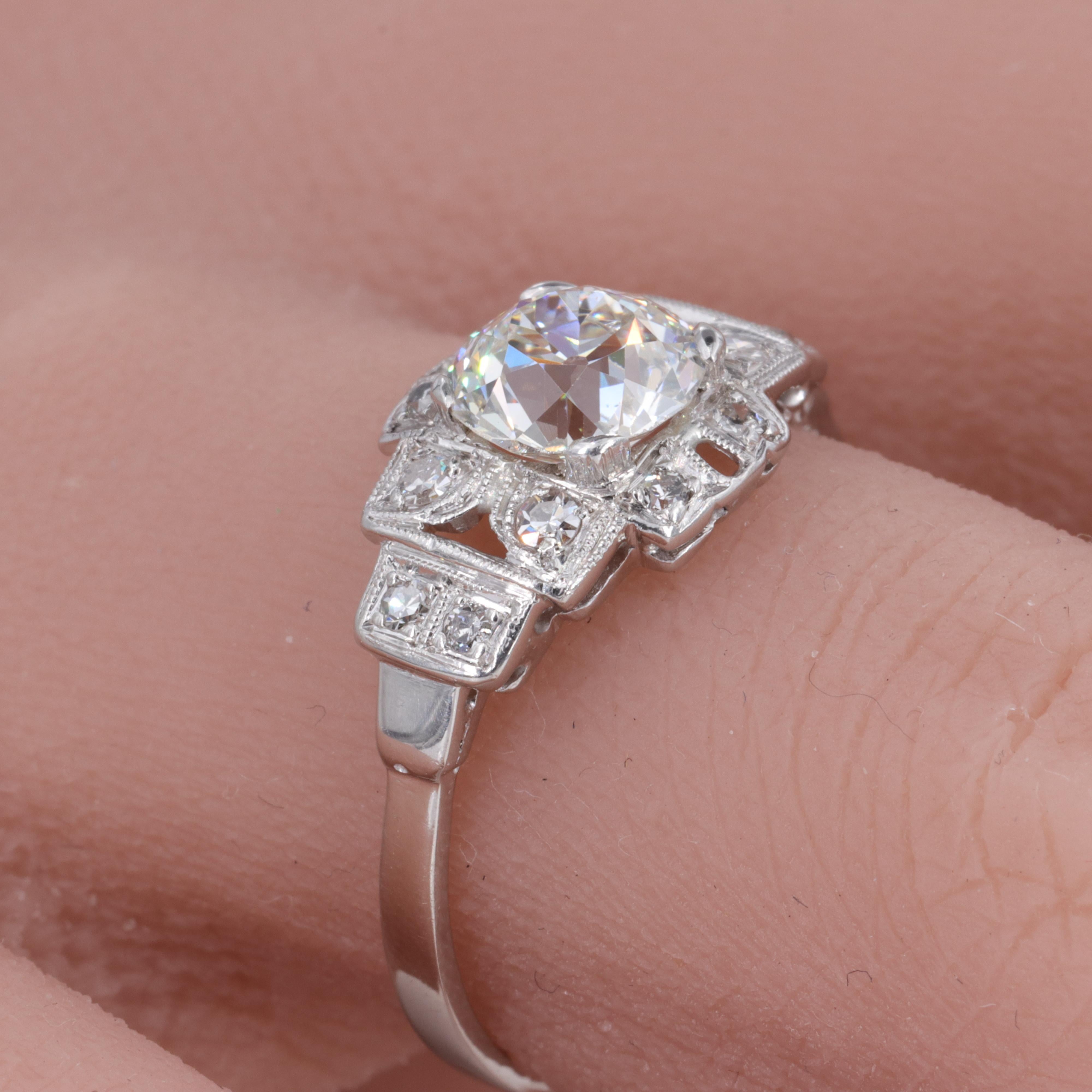 G.I.A. 1.14ct Old European Cut Diamond Antique Deco Platinum Engagement Ring For Sale 4