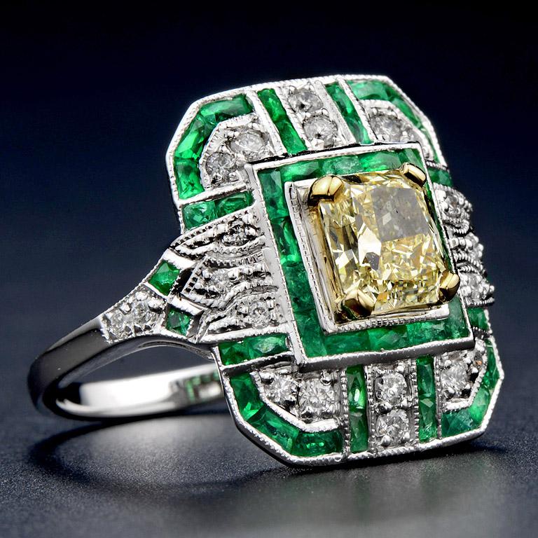 Art Deco GIA Certified 1.15 Carat Diamond with French Cut Emerald Diamond Ring