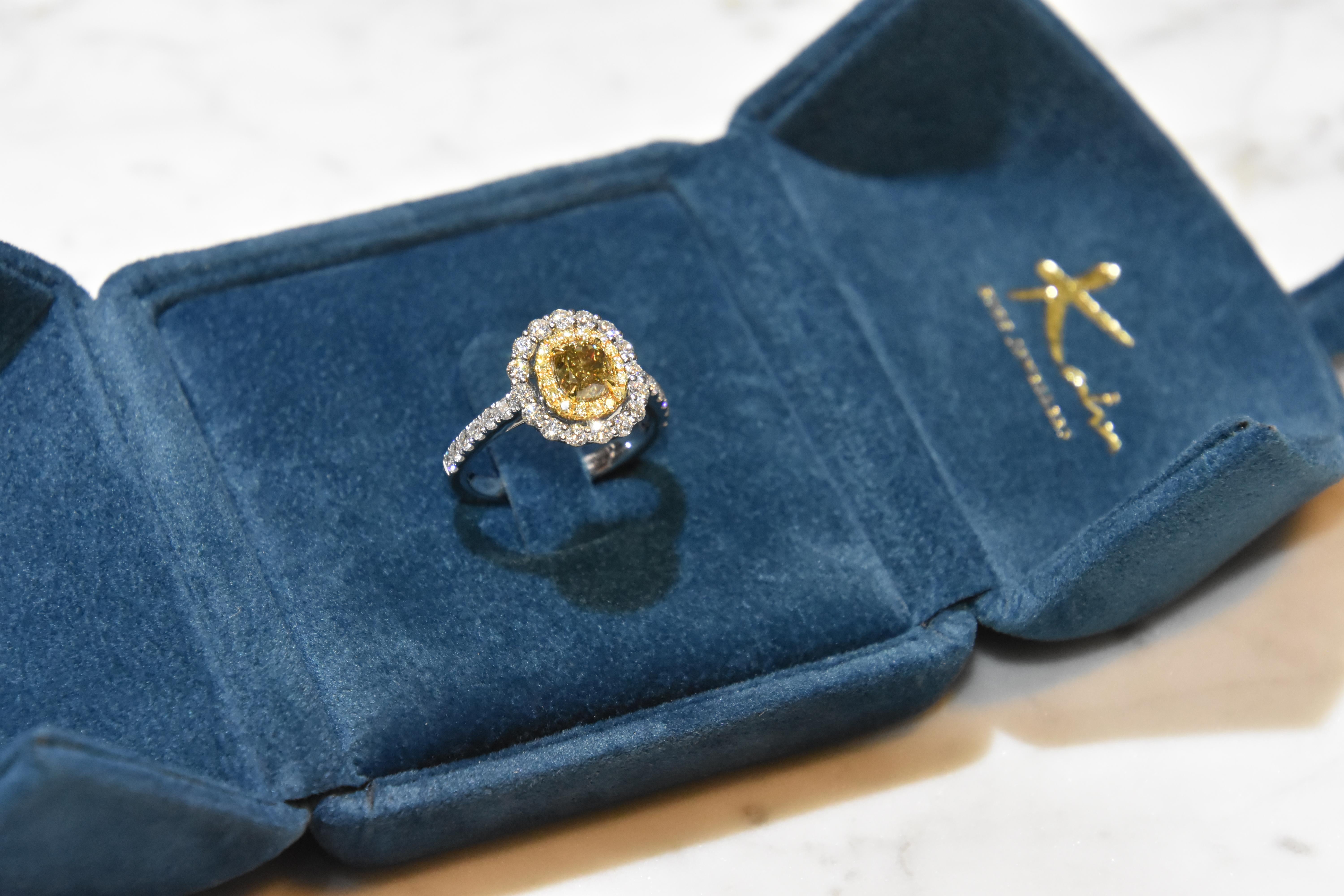 GIA Certified 1.15 Carat Fancy Deep Brownish Greenish Yellow Diamond Ring For Sale 1